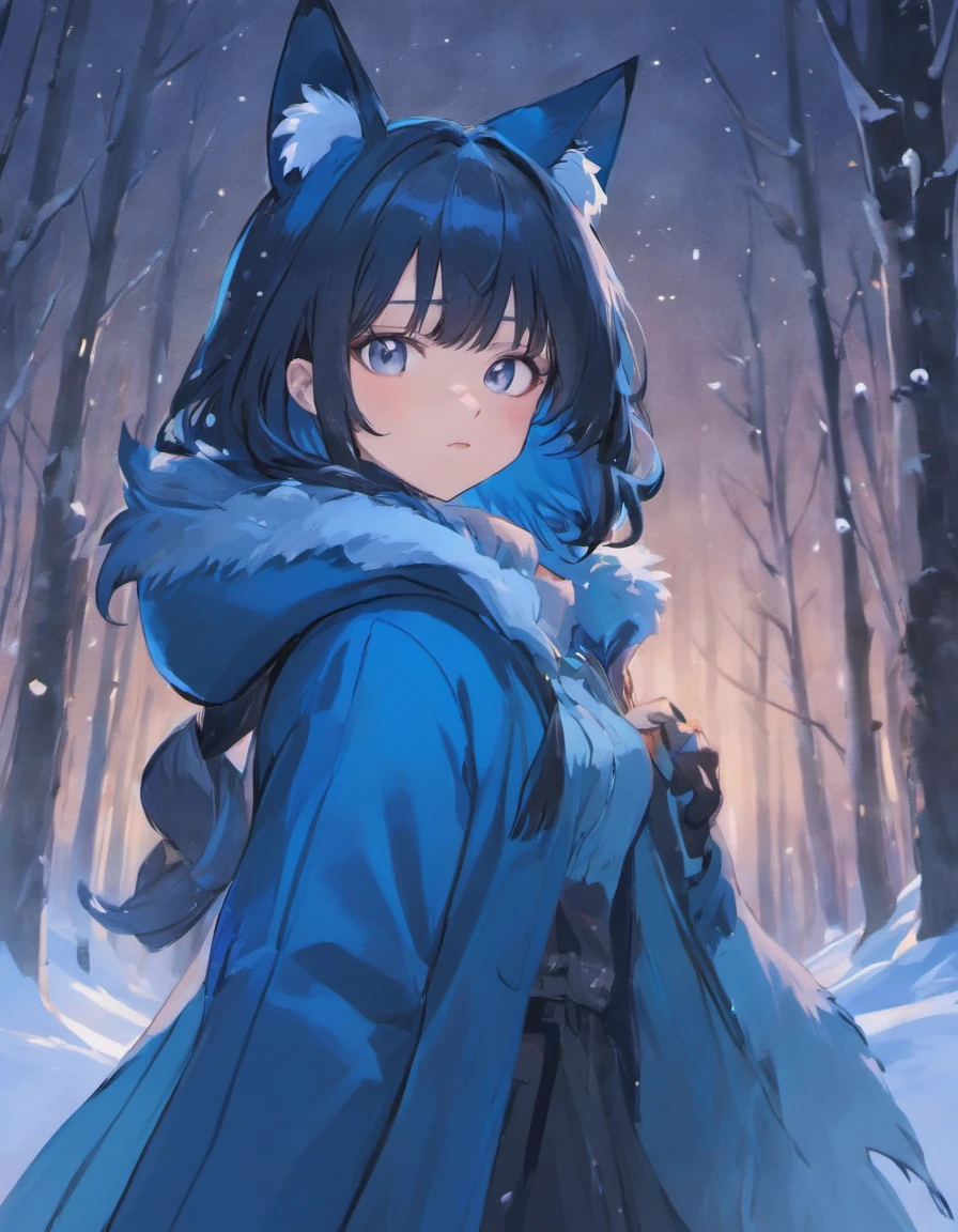 (Masterpiece, Best quality, ultra-high resolution),1girl,black hair, fox ears,coat, snowy forest , night,(colored skin, blue skin),beautiful and detailed face, detailed eyes,((blue and gray theme))