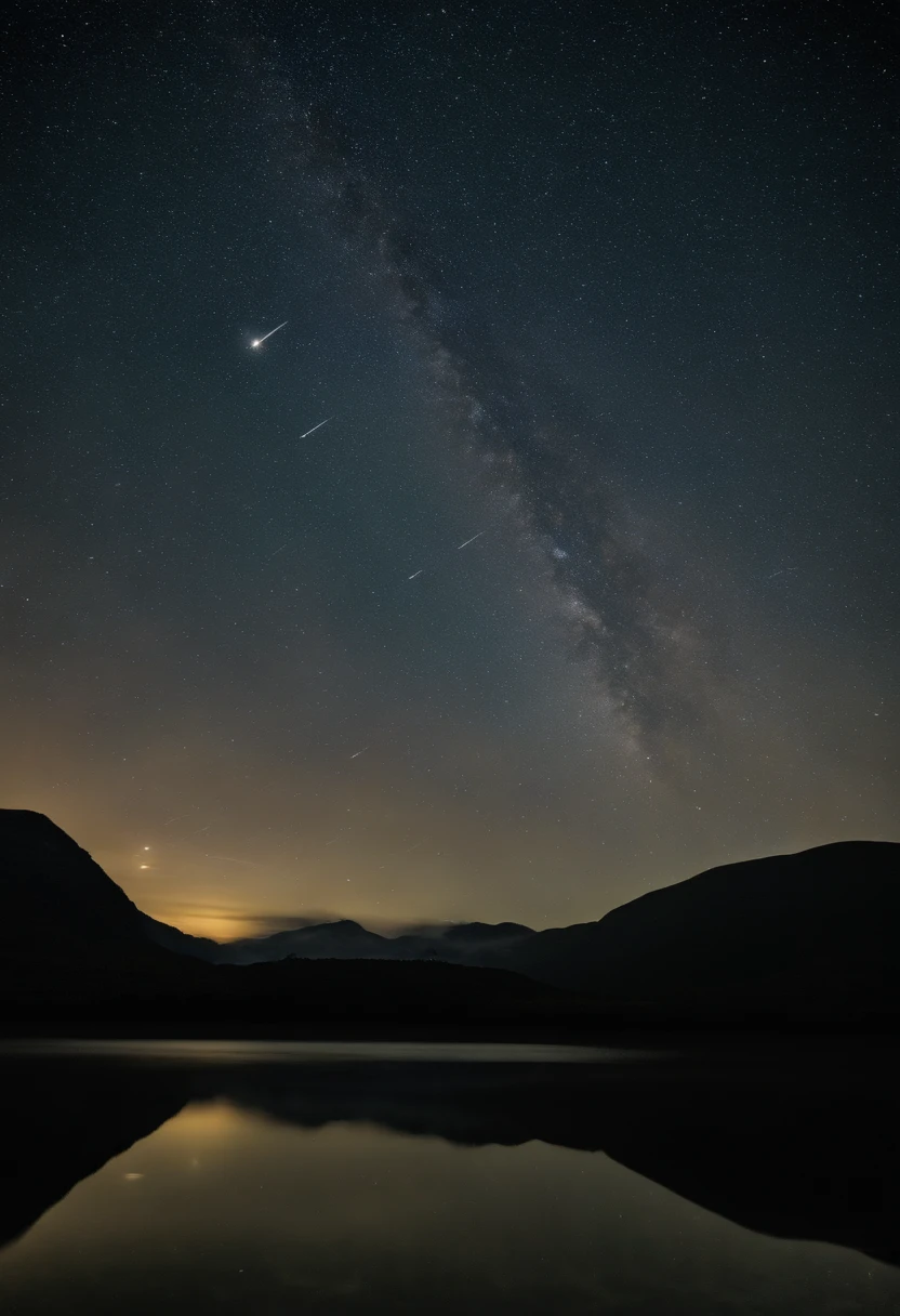 expansive sky: Show the vastness of the night sky, allowing stars and shooting stars to occupy a significant part of the composition., Dynamic Shooting Stars: Capture the movement and energy of shooting stars as they traverse the sky, creating a sense of movement and wonder., paisagem serena: considere adicionar uma paisagem tranquila, like distant mountains or a calm body of water, to increase the sense of peace and serenity.