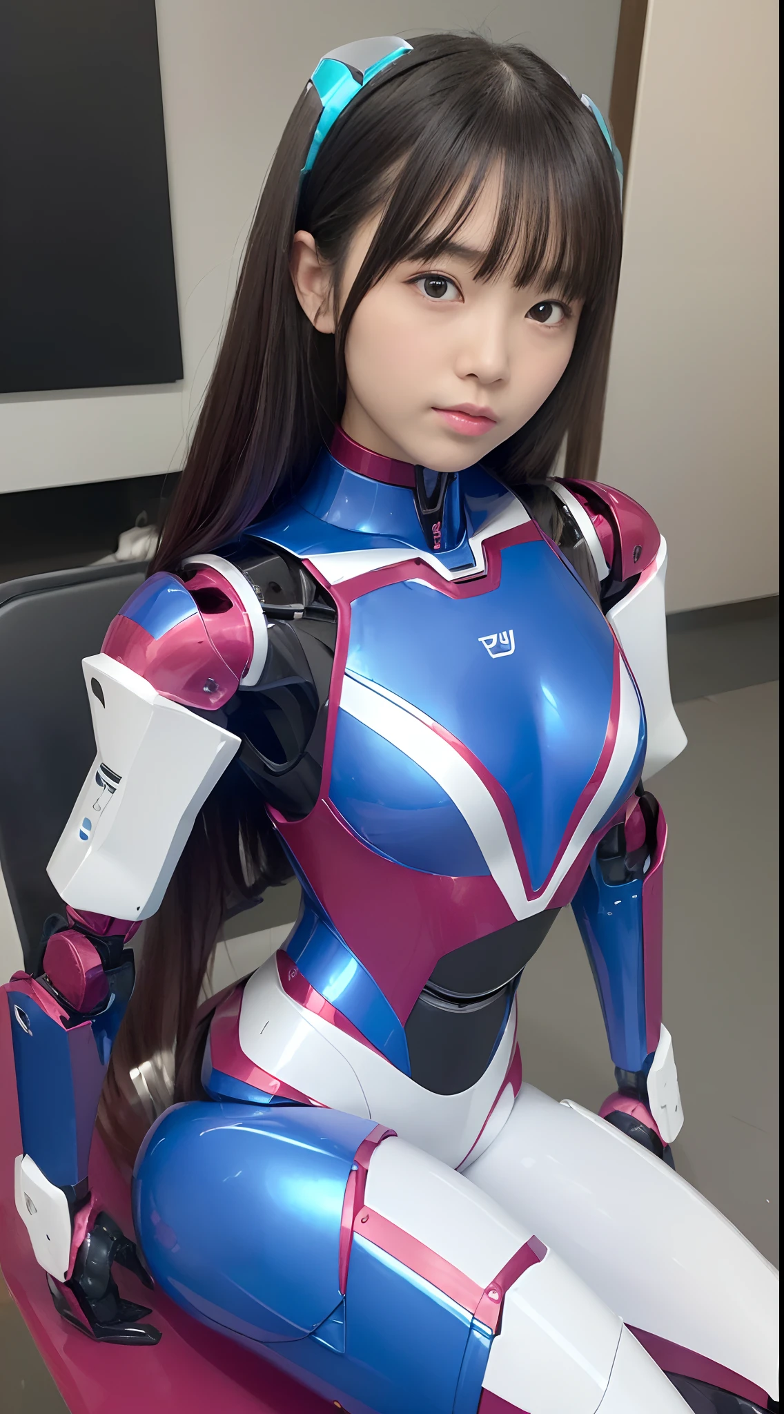 (Photorealsitic:1.4)、one girl、(top-quality)、(hyperdetailed face)、(Super well-formed face)、((Robot Parts))、(Female-Robot)、(22 years-old)、(Blue)、(pink there)、(Burgundy)、(metallic)、(full-body)、(sexy  pose)、(Slender body)、(Model body type)、(full body mech)、(mechanical exposure)、(Akihabara)、(is looking at the camera)、(A dark-haired)、(Well-proportioned lady)、(a small face)、(Idol)、(front facing)、(Sit on a chair with the legs open)、(Banzai pose with open arms)、(Photo session)、(Looks sad)、(perfect-female-robot)
