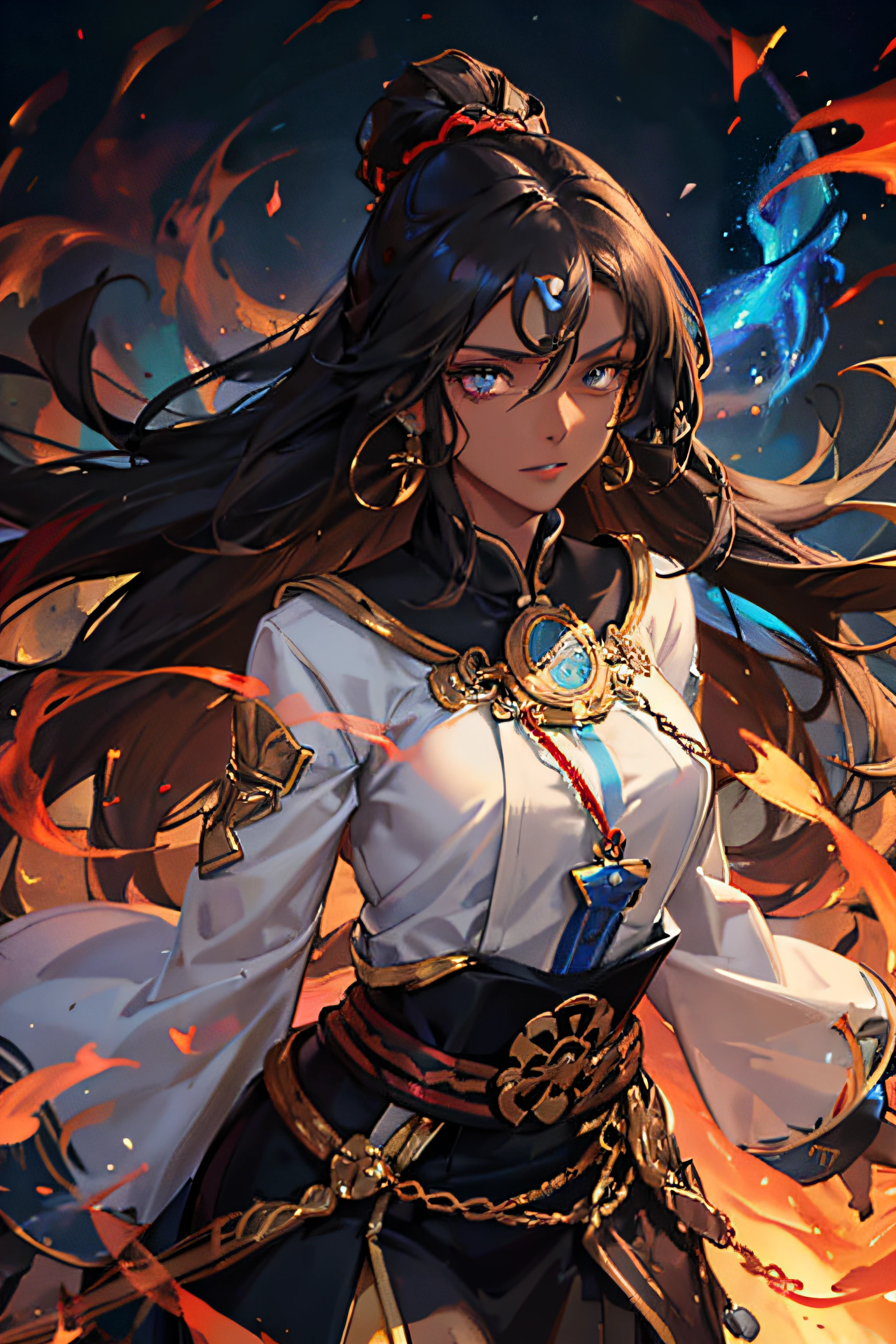 brown_hair dark-skinned_female (((dark_skin))) earrings hair_between_eyes, jewelry, blue eyes multicolored_hair, Ghislaine\(Mushoku_Tesnsei\), fire effects, fire hair, ((dynamic angle), flowing hair)