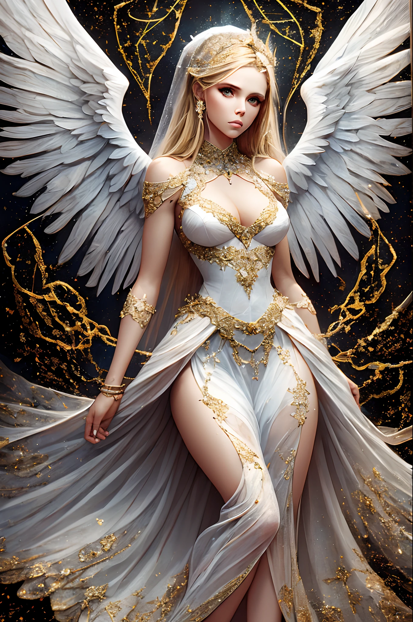 full body (((angel goddess))),Delicate face, looking at camera, (Claire Holt),The face of Eros, braided hair, handsome, glowing mosaic background,sparkling diamonds, glow,(bridal dress) ,Taller, cut colors,The Arthur effect, (white dress), divine beauty, (bride), transparent glass texture, irritating color, designed by dietrams, (angel wings), glows, highly stylized face, photorealistic quality, magical environment, alluring fantasy, realistic body, by thomas kinkade, by Ismail inceoglu --auto --s2