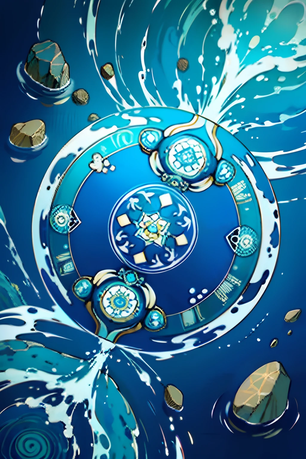 A round ornamental mandala made of a swirling, whirlpool of splashing blue ocean water, surrounded by rocks.