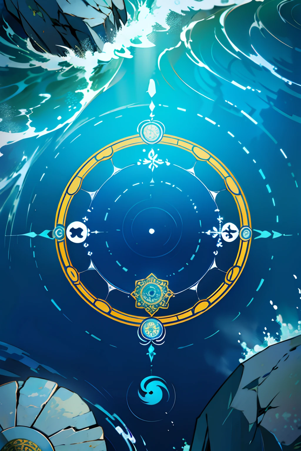 A round ornamental mandala made of a swirling, whirlpool of splashing blue ocean water, surrounded by rocks.