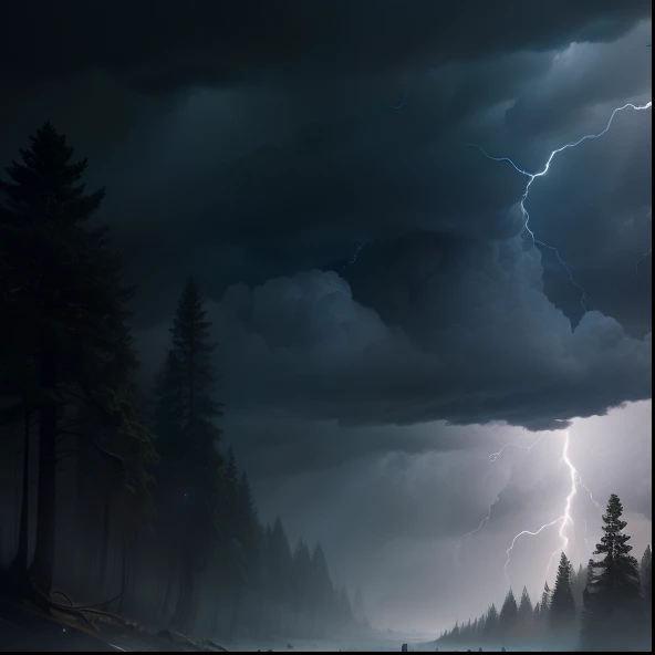 (best quality,4k,8k,highres,masterpiece:1.2),ultra-detailed,(realistic,photorealistic,photo-realistic:1.37),dark and ominous storm clouds,thick mist,ominous shadows,an enchanted forest with towering trees,wild and untamed nature,glimmering sunlight filtering through the leaves,mysterious and eerie atmosphere,rays of light bursting through the storm clouds,a sense of anticipation and tension,impressive display of lightning illuminating the sky,a storm brewing on the horizon,dramatic contrast of light and dark,unpredictable and powerful nature,forest creatures seeking shelter from the impending storm