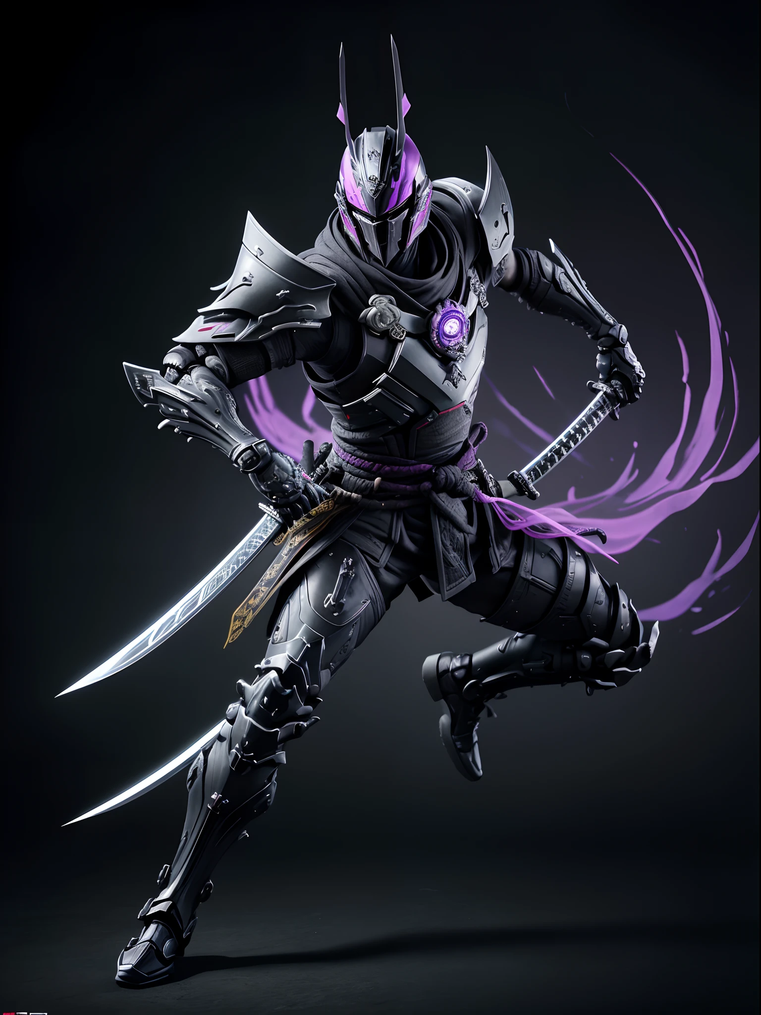 Commercial style shot, (action figure of Mechanical Samurai in a Warframe style armor with a black Katana), (purple and black color scheme with neon green linings), (Samurai Kabuto helmet with black flowing cloak), plastic material with metallic coating, (Japanese shrine temple background), centered, (full body shot), (dynamic action stance pose), black stand base, vibrant colors, visible figure joints, cinematic shot, volumetric lighting, intricate pattern detail, highly detailed