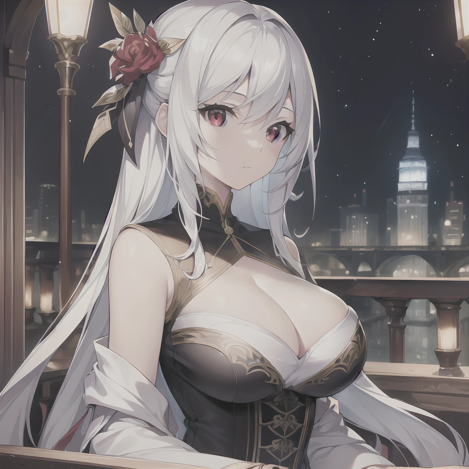 masterpiece, best quality, extremely detailed, cinematic lightning, intricate detail, highres, official art, finely detailed beautiful face and eyes, high resolution illustration, 8k, depth of field, bokeh, solo, 1girl, a girl with white hair and red eyes, long white hair, beautiful red eyes, beautiful landscape, rainy city, upper body, looking at viewer, close up, busty, cleavage