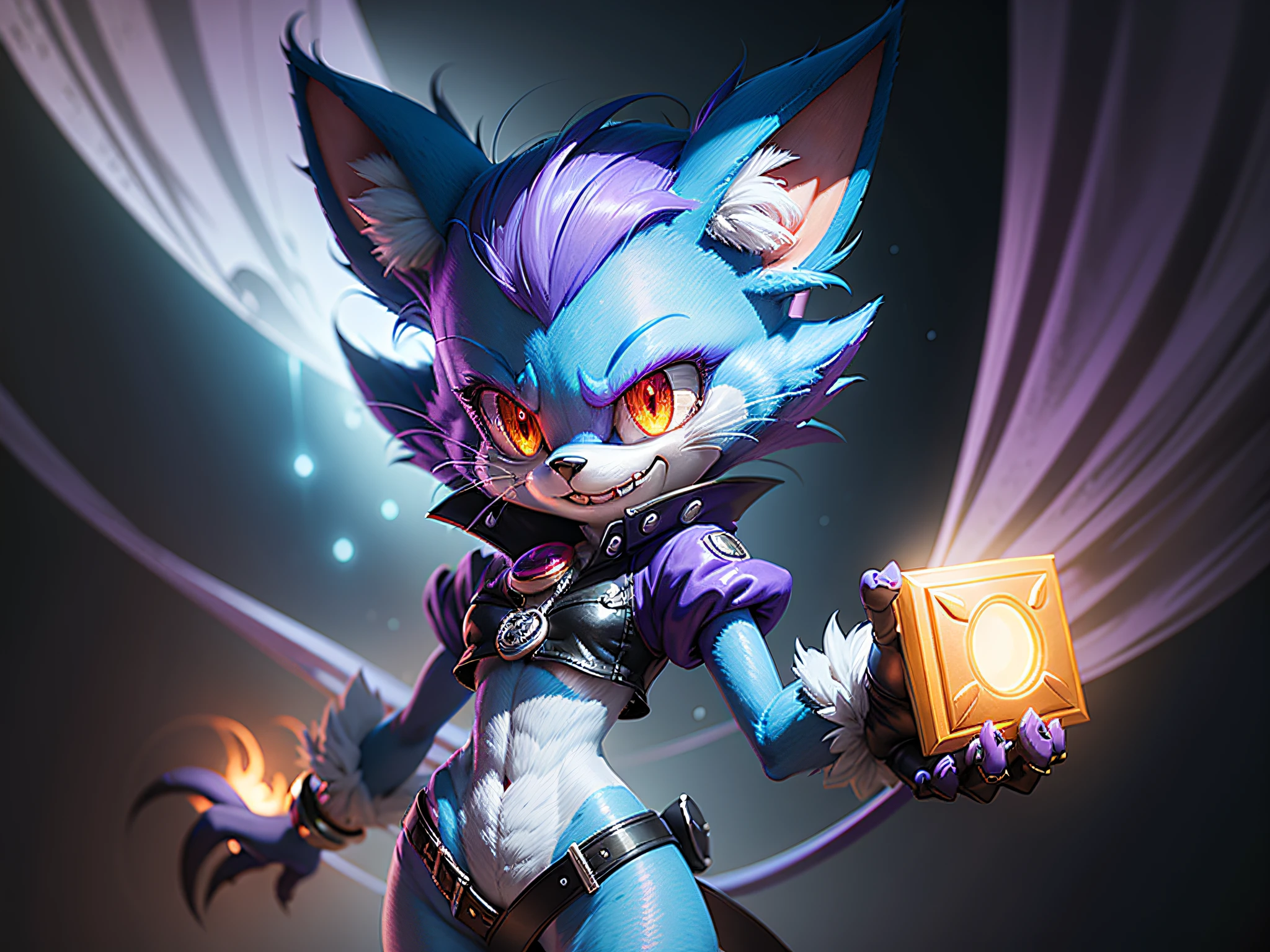high quality digital art, character sketch, a furry lavender anthropomorphic demonic cat from Sonic the hedgehog with glowing red eyes, holding a small square, smiling evilly, cloudy misty background, creepy
