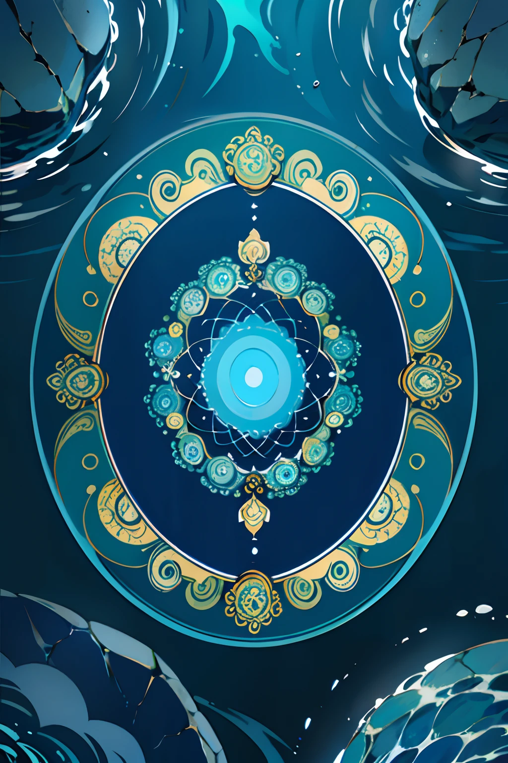 A round ornamental mandala made of a swirling, whirlpool of splashing blue ocean water, surrounded by rocks.