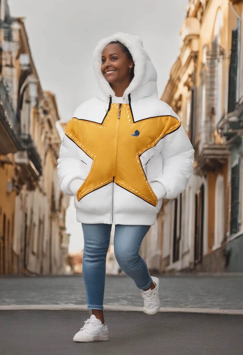 Descreva em detalhes o mascote em forma de estrela. The mascot is a friendly and attractive star, with a friendly face that radiates joy and charisma. Its five tips are gently curved, giving it a warm and friendly appearance.

A estrela usa roupas modernas e estilosas, including a jacket with urban details and a pair of trendy sneakers. A jaqueta pode ter pequenos grafites ou elementos de street art, reflecting a connection to urban culture. The mascot can also wear a cap on the top end of the star to add a touch of style.

The star's eyes are large and expressive, conveying emotion and personality. She has a warm smile that makes anyone who sees her feel instantly at ease. The ends of the star are smooth and rounded, creating a sense of comfort and friendship.

The star is the epitome of positivity, alegria e amizade, representando valores importantes para sua marca ou projeto. Feel free to include other details that make it unique and special to your vision.