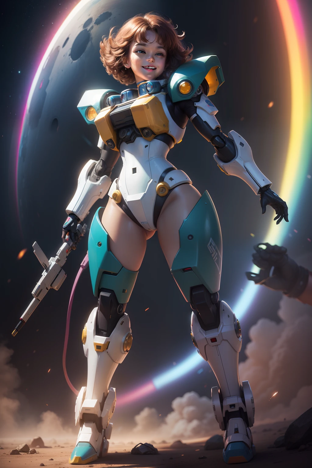 80s mecha girl young high-quality high-definition, smiling, battle, rainbow, scifi, full body, dynamic action. Alien look