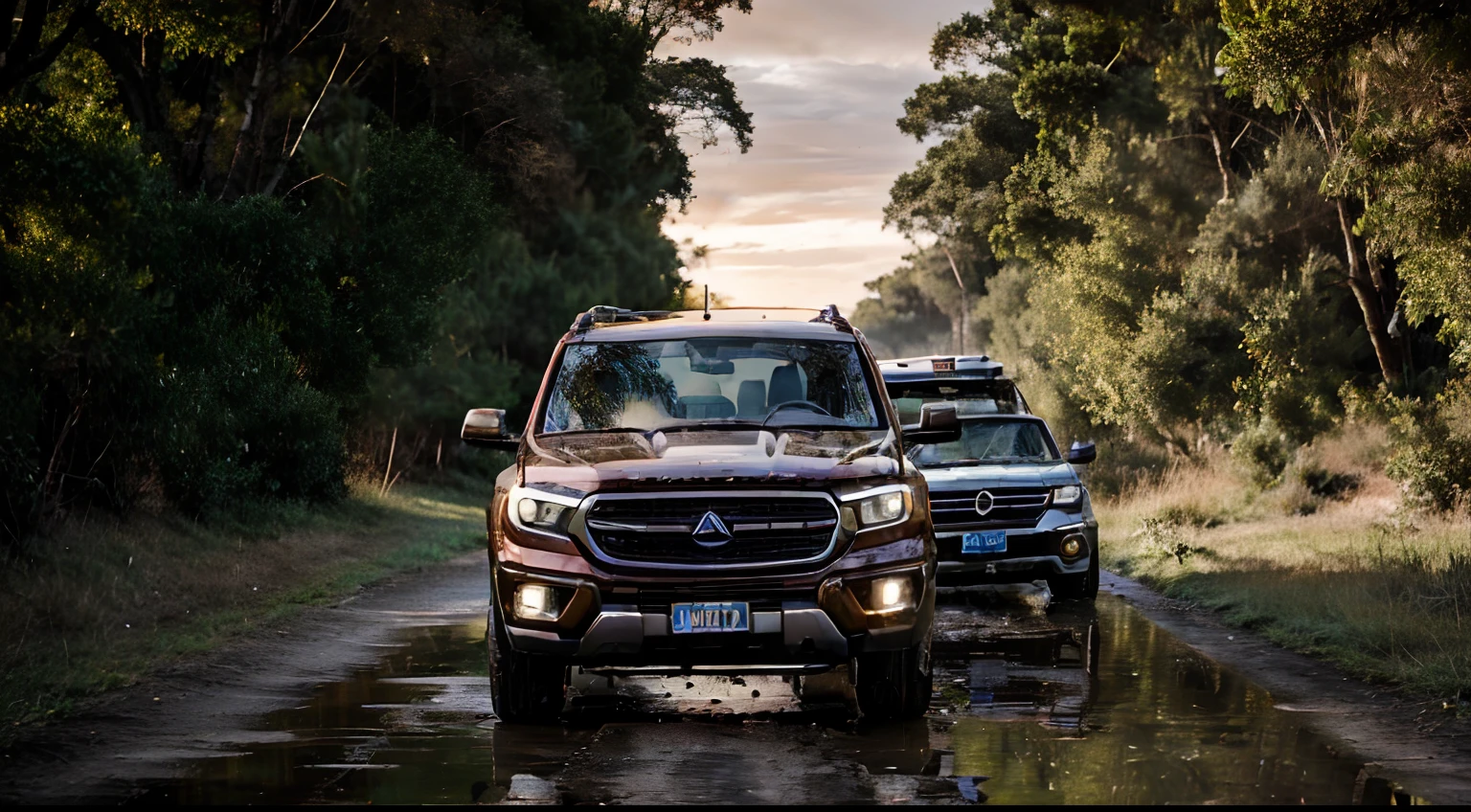 Capture um momento emocionante com um SUV de estilo aventura, reminiscente de um jipe, pintado em cores camufladas. This rugged vehicle should be equipped with striking neon headlights, rodas de liga leve resistentes, e pneus todo-o-terreno. Coloque-o em um esburacado, estrada de terra lamacenta, surrounded by trees and tall grass, with puddles filled with water reflecting the passage of the vehicle.A cena se passa no final da tarde, with the SUV positioned to show a spectacular sunset in the background. Make sure the photograph exudes a sense of movement, as if the vehicle were in the middle of an exciting journey. A imagem deve ser incrivelmente detalhada e realista, as if it were taken by a professional photographer, e deve ser da mais alta qualidade - ultra HD (UHD) or 8K resolution.