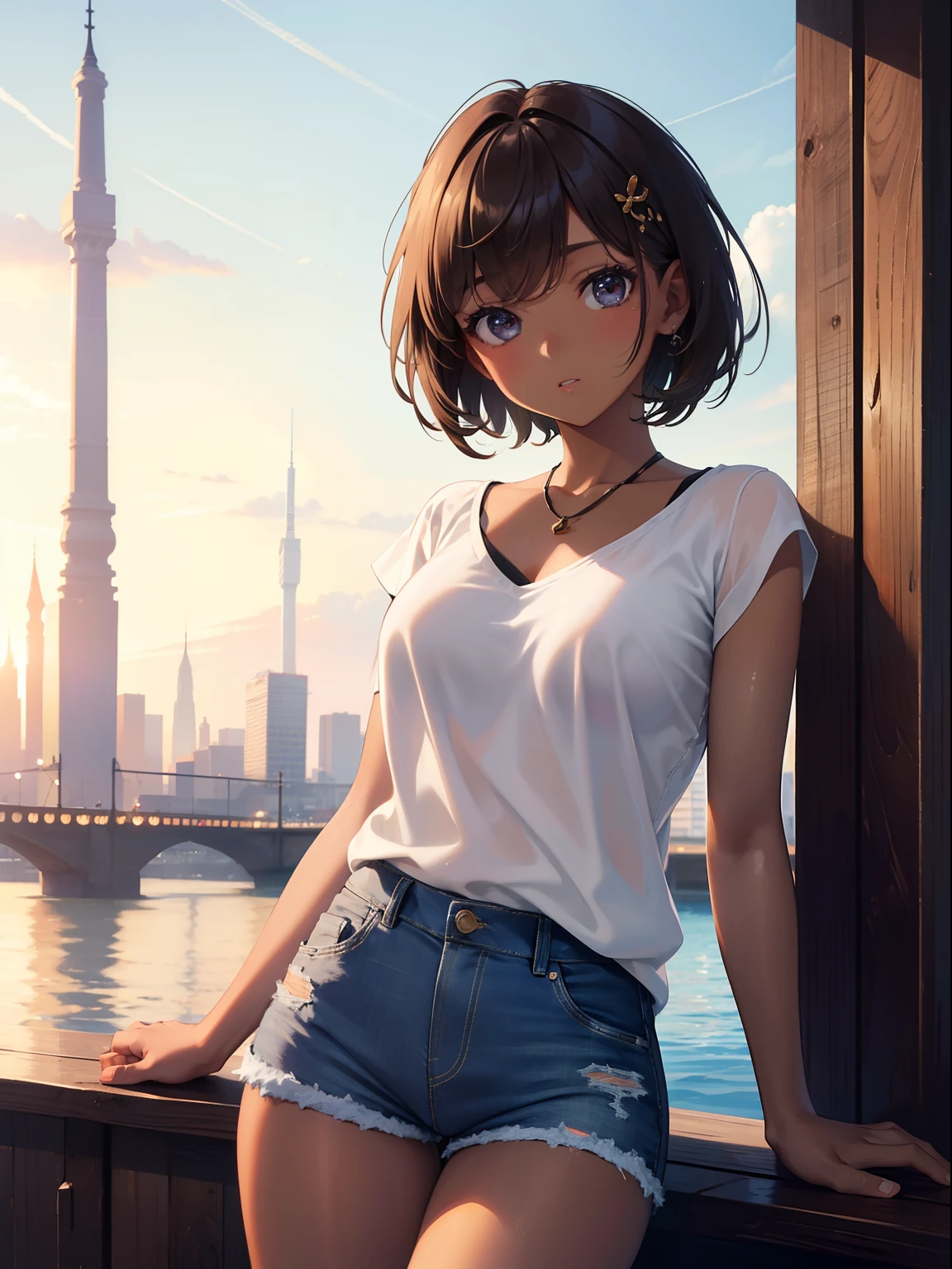 (Masterpiece, Best quality, ultra high resolution),1girl,brown skin, short hair, denim shorts,beautiful and detailed face, detailed eyes