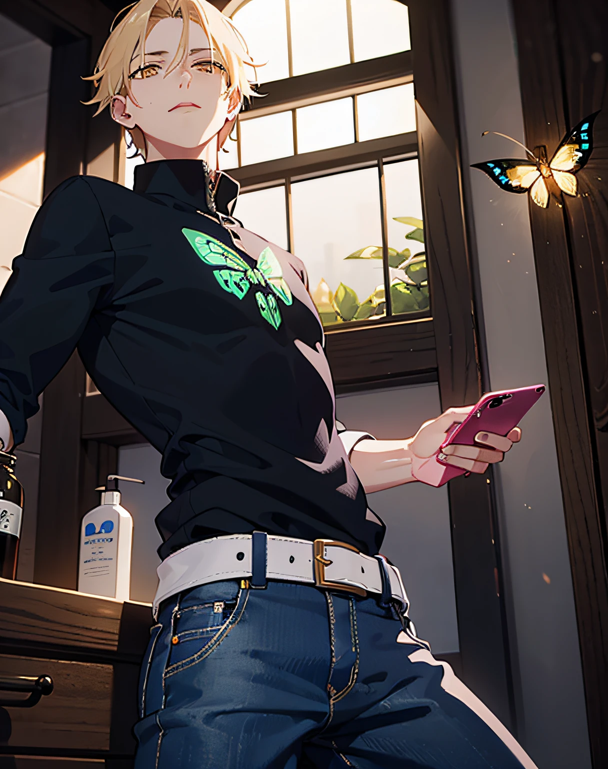 (masterpiece, good eyes, beautiful art, anime style), (1 boy), bathroom background, blonder large hair, yellow eyes, ((adult moth man)), (moth body), (cute moth body, using blue jeans, no shirt, holding a smartphone