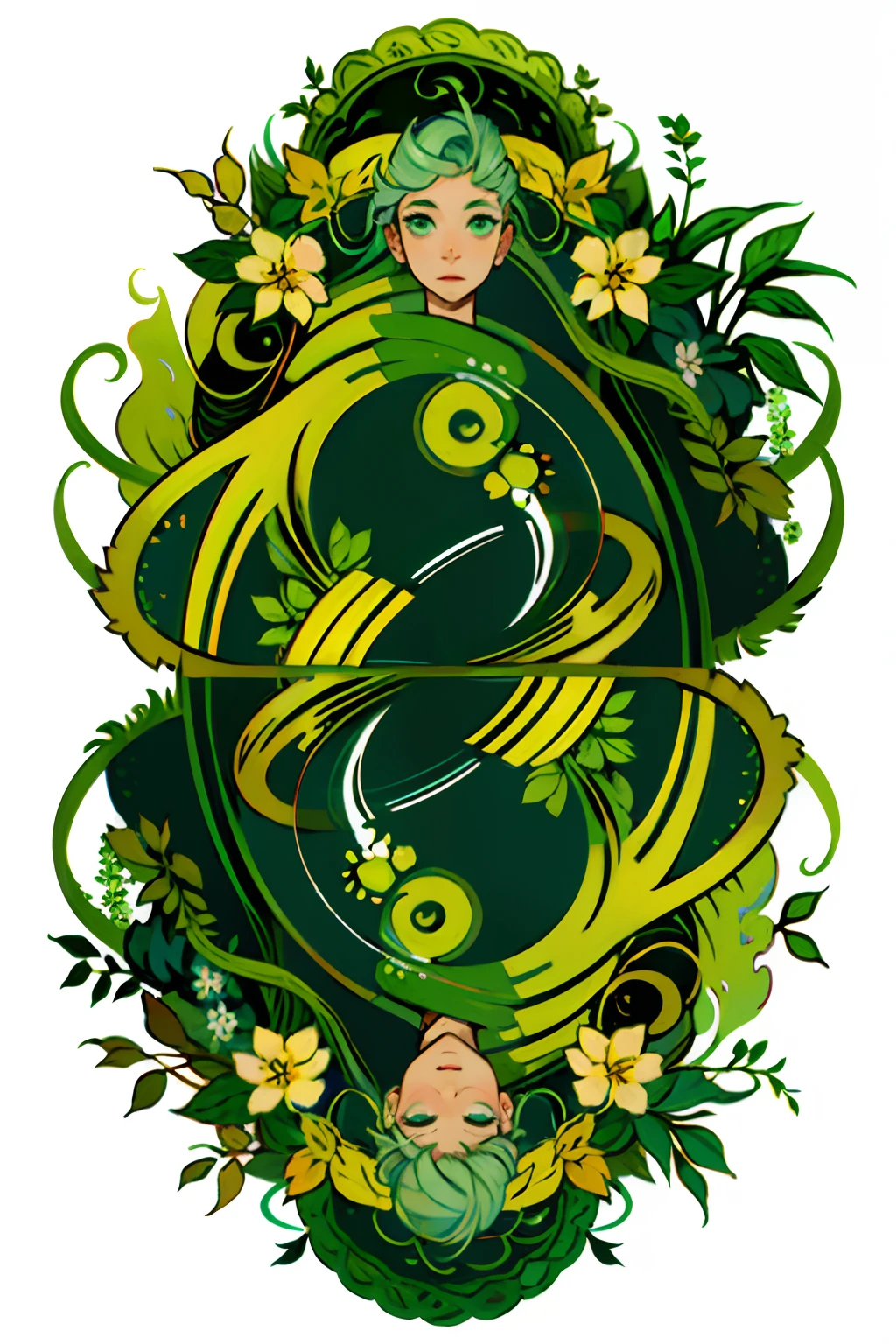 An image of a swirling round vortex of green vegetation, plants, flowers and vines.