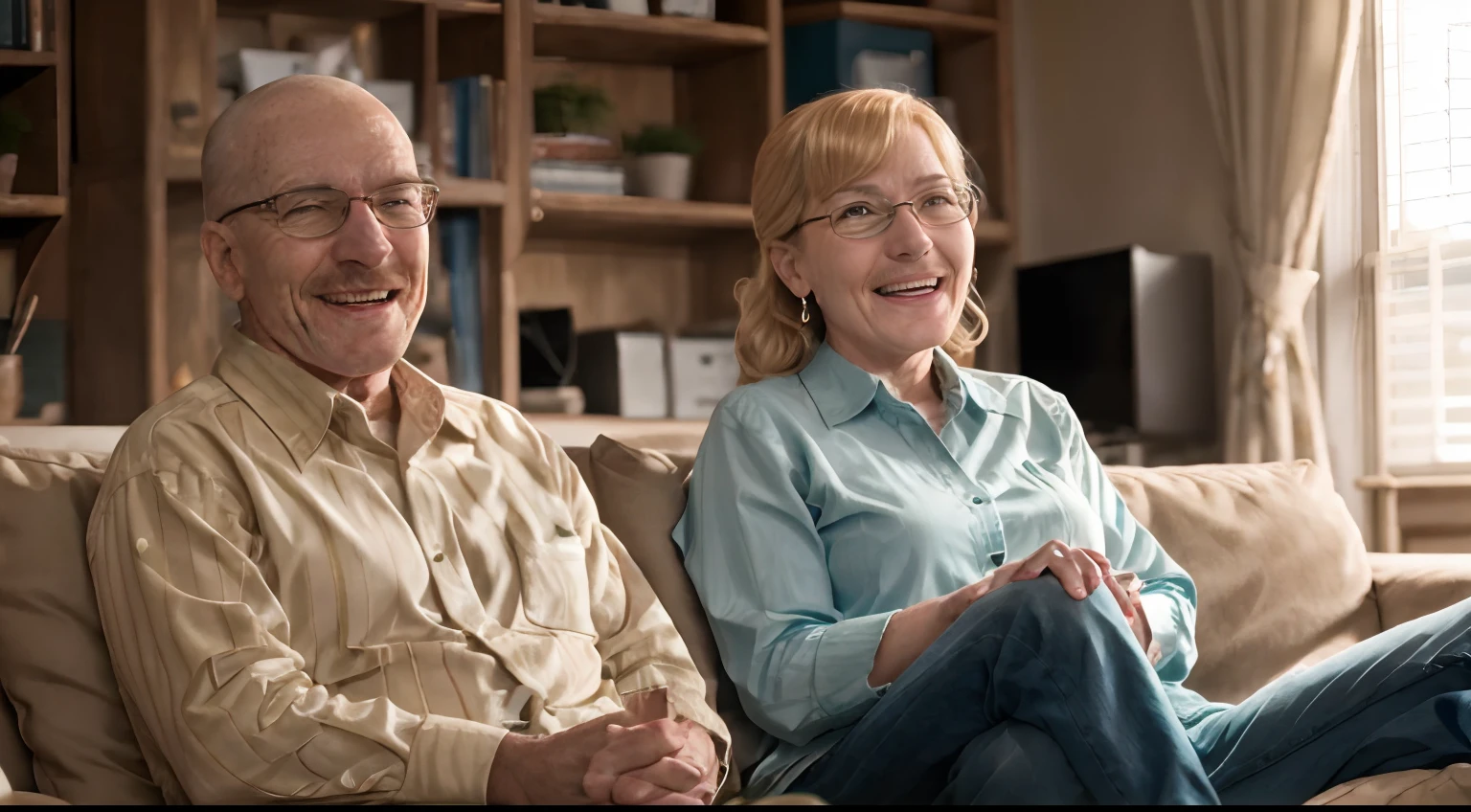 a married couple watches a comedy on TV. They both laugh charmingly