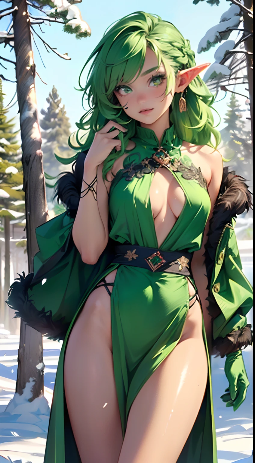 cute loli elf,(((little loli,tiny little body,little))),(((6 years old))),((anime elf loli with extremely cute and beautiful green hair)), (((elf))), (((elf ears))),

(((flat chest))),((((green hair:1.35,messy green hair,braided hair, dreadlocks hair,hair over eyes,colored inner hair,ear breathing)))),(((green eyes:1.3))),intricate eyes,beautiful detailed eyes,symmetrical eyes,big eyes:1.5,(((lustrous skin:1.5,bright skin: 1.5,skin tanned,shiny skin,very shiny skin,shiny body,plastic glitter skin,exaggerated shiny skin,illuminated skin))),(delicate detailed fingers,detailed body,detailed arms,human hands,(detailed face)),

cute,slutty,erotic,daring,(nsfw),

(((creepers on his body))),revealing clothing,show skin,(((Sexy green fur coat, green fur coat outfit, wearing a green fur coat:1.3,green winter coat))), ((green mini-skirt,green mini skirt with furry edge,visible thong straps)),(white gloves,green clothes,semi-naked,with little green clothing,((((furry edge clothing)))),(((leaves and flowers on her clothes,leaves on her clothes, flowers on her clothes,leaves and flowers on her hair))),(((intricate outfit,intricate clothes,embroidered outfit,ornate outfit))),

(dynamic pose:1.0),embarrassed,(centered,scale to fit dimensions,Rule of thirds),

((snowy pine forest at night)),with dark stormy clouds,winter,scenery:1.25,((snow forest background)),Christmas tree,

highres,sharp focus,(ultra detailed,extremely detailed),(photorealistic artwork:1.37),(extremely detailed CG unity 8k wallpaper),(((vibrant colors,vibrant theme))),(intricate),(masterpiece),(best quality),