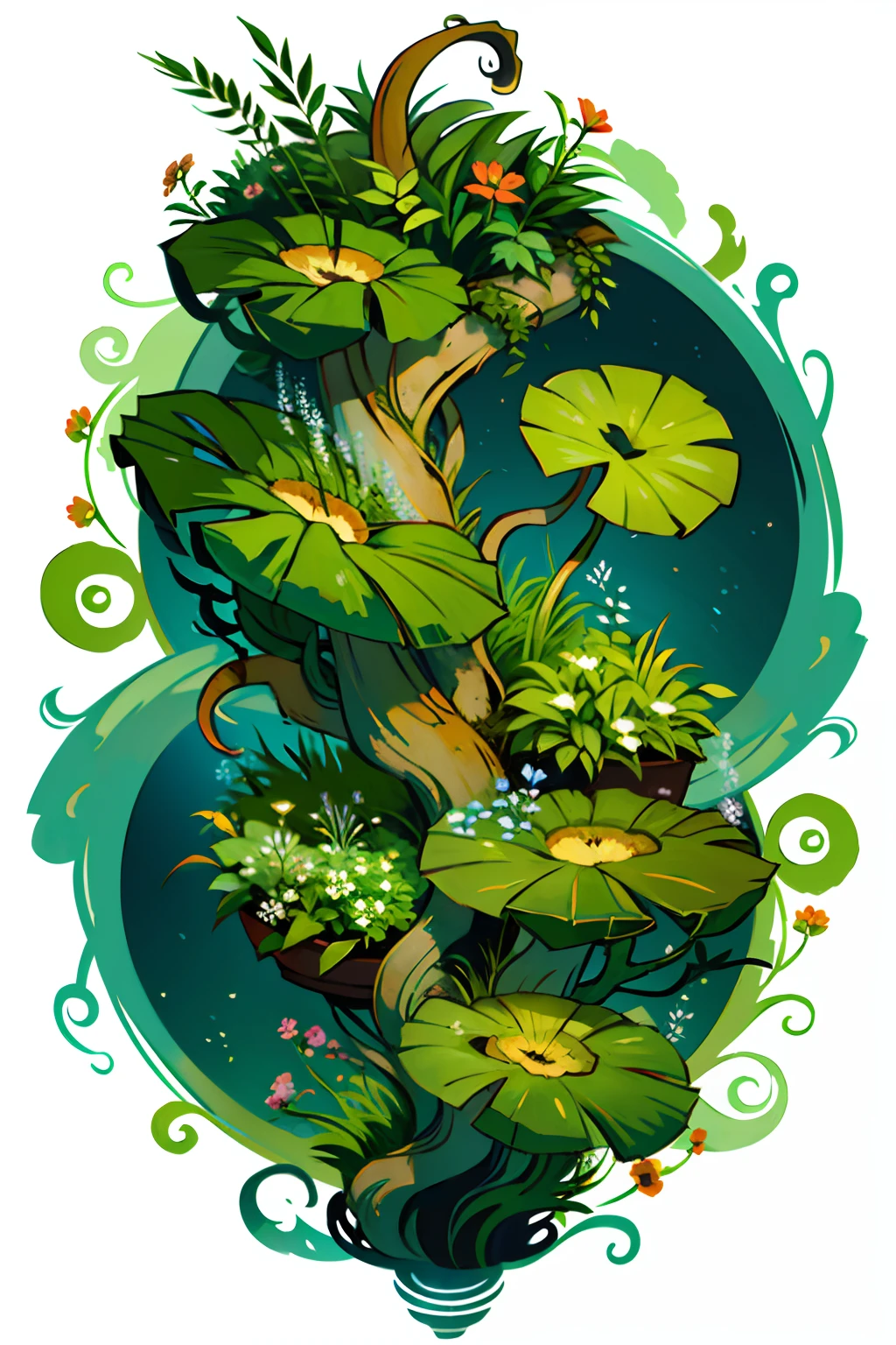 A round swirling vortex of green vegetation, plants, flowers and vines.