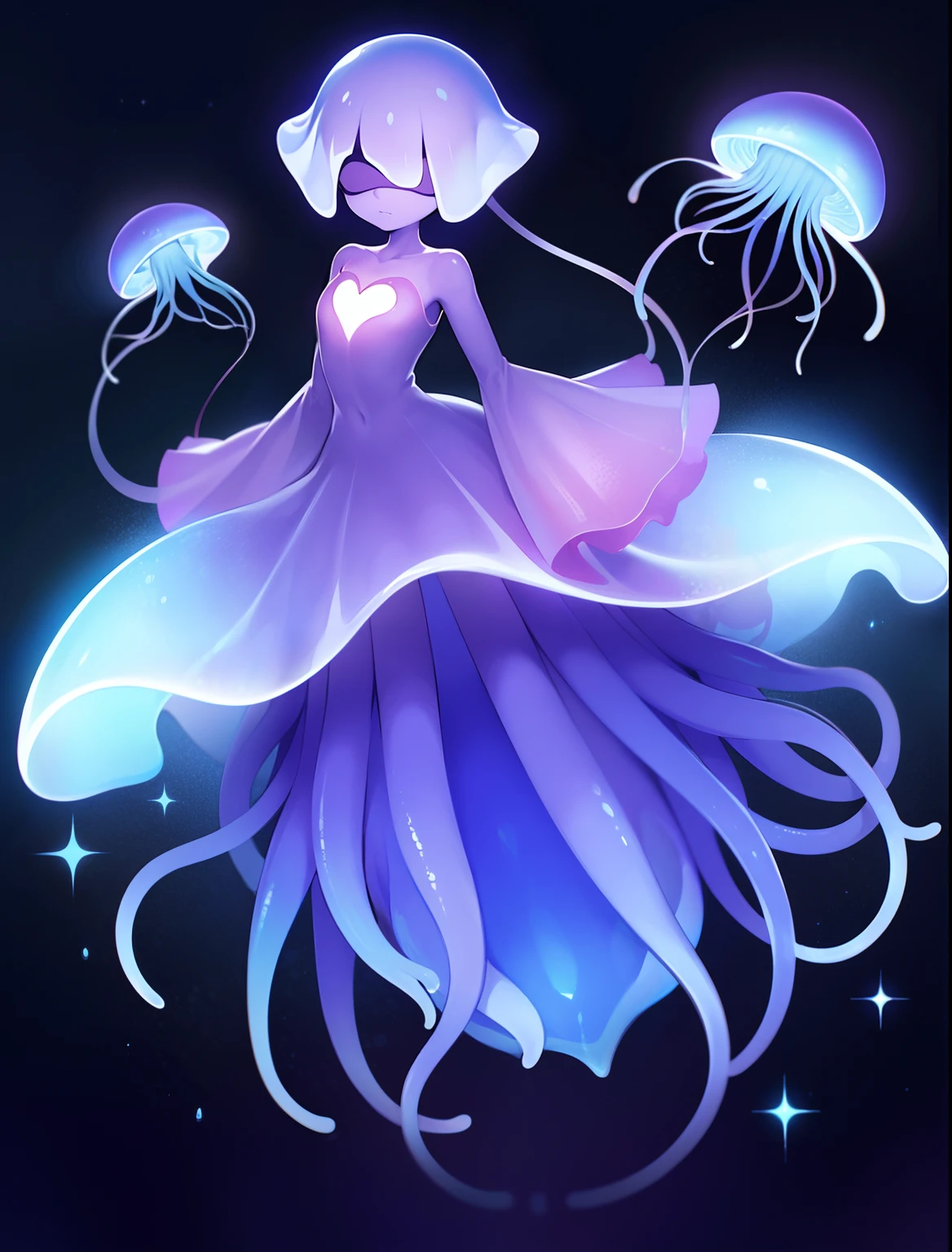 Clione and jellyfish are fused with a girl. slime body. The whole body is translucent like jelly. Body line like wearing a dress. overly long sleeves. Tentacles protrude from the sleeves. feminine mouth. Her face is covered in a heart-shaped slime mask that completely hides her eyes, but instead has glowing crystals. Her chest glows.