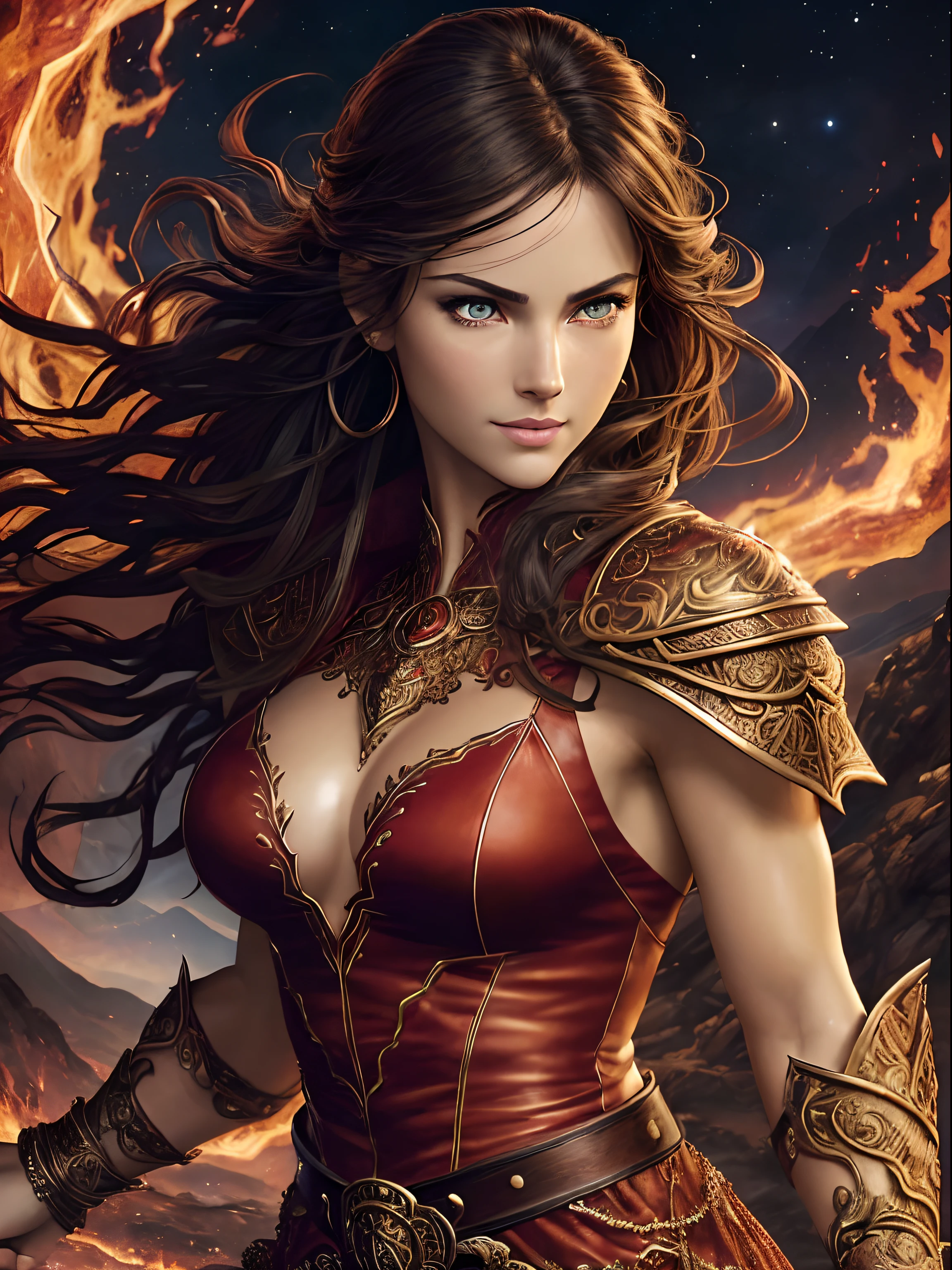 ((realistic:1.5)),((best quality)), ((masterpiece)),((detailed)), ((8K)), (1girl), (a beautiful 27 year old female fighting a red demon), (half body:1.5), face focus, toned muscles, long legs, slim thighs, narrow hips, green eyes, tiny breasts, (detailed face, sultry smile, beautiful eyes, detailed clothes, clear background:1.5), (Normal skin, short black hair, outlined eyes, outlined face, bracelet, half body), wearing intricately detailed red warrior dress, boots, belt, fighting a demon, detailed night volcano background, stars, soft lighting, best shadow, soft details, perfect composition, Intricate, Sharp focus, dramatic, by luis royo, by julie bell
