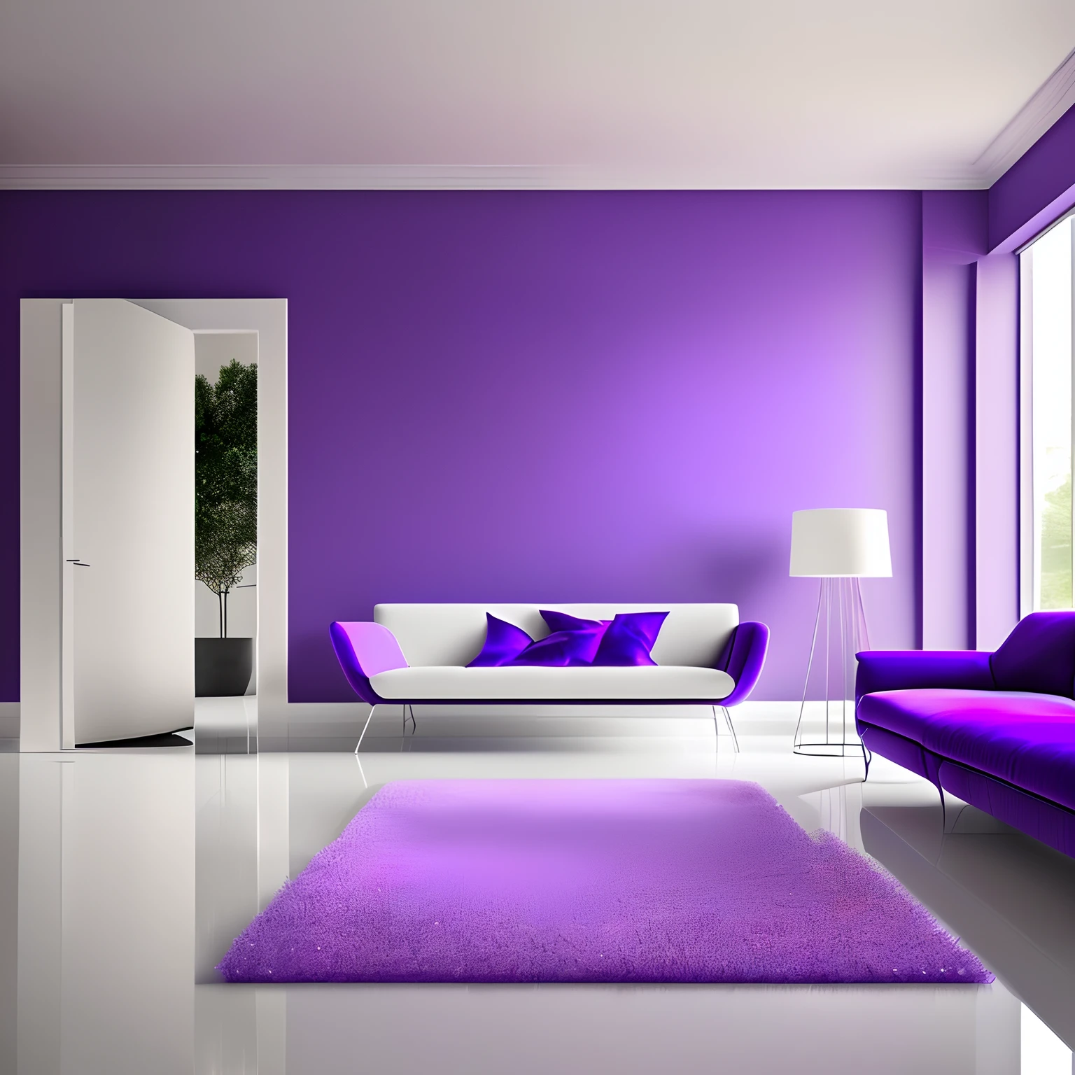 minimalist setting, white wall with lilac floor, lilac floor, with purple carpet with bright lilac glow and realistic HD white wall