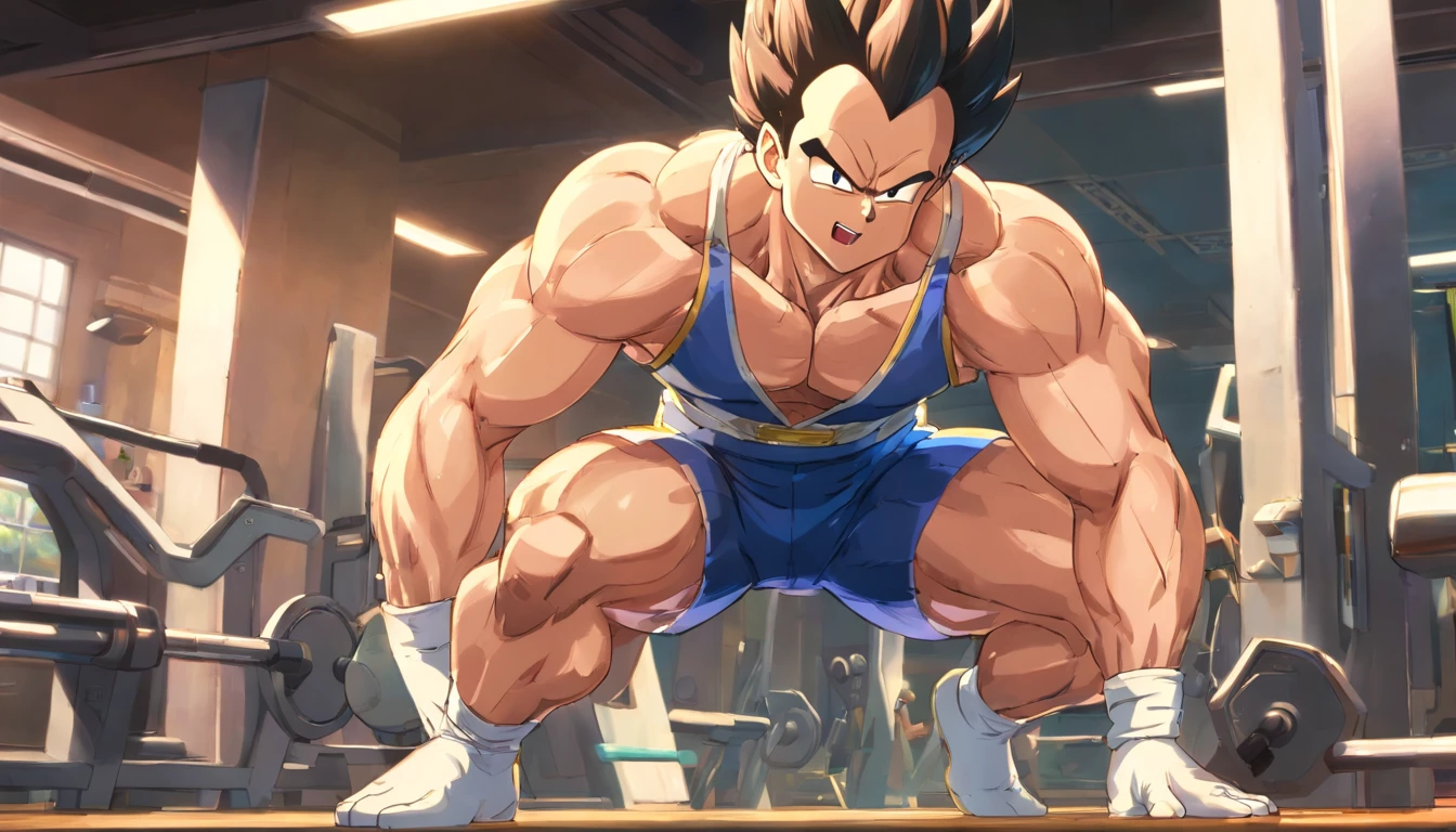 A detailed drawing of an extremely muscular Vegeta flexing his large glute muscles intensely while flossing in a bodybuilding gym, musculoso!!, large exaggerated muscles, pose de bolo de carne, massive muscles,large flexed buttocks, bochechas grandes e apertadas, a biceps is flexed