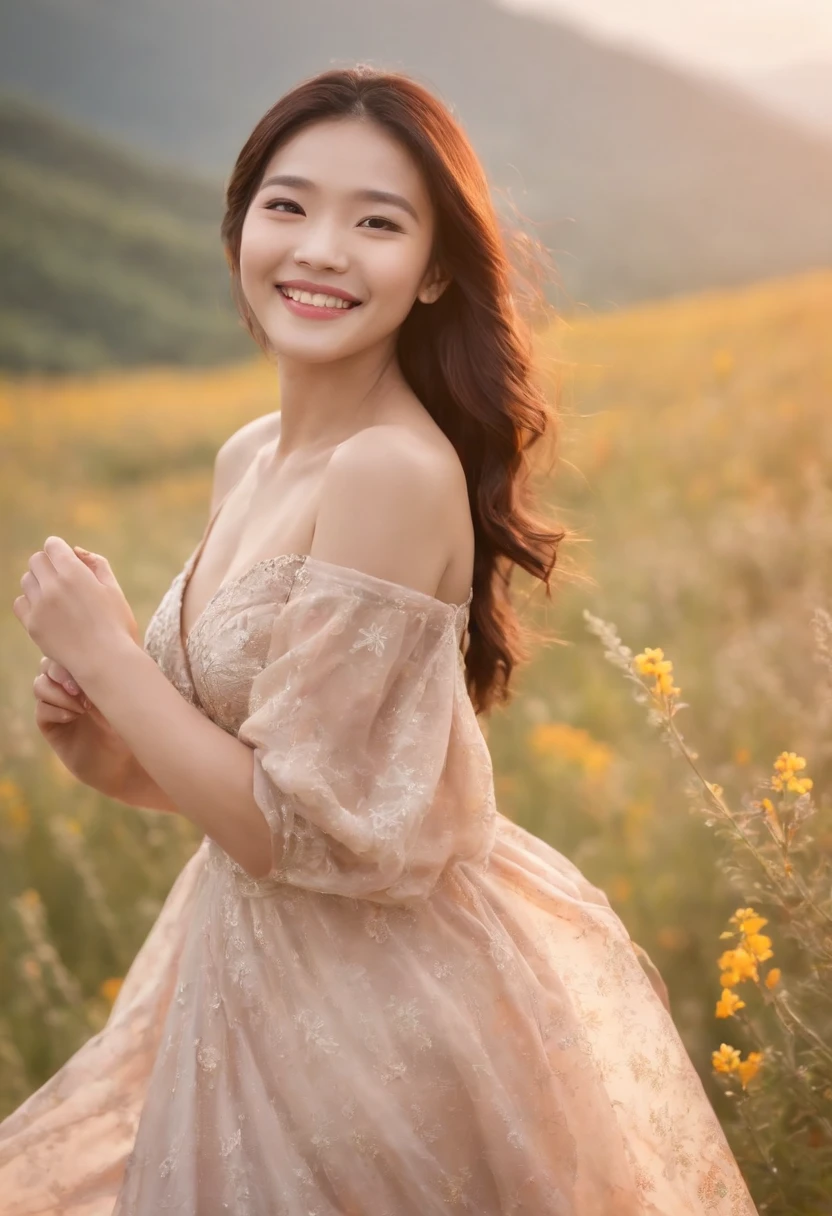 best quality, very high resolution, (photorealistic:1.2), (smile:1.4) 24 year old Asian actress wearing elegant (windblown:1.2) (dress:1.2) in a valley full of millions of (colorful) wildflowers :1.6), facial details, (solo: 1.4), (wind blown:1.2) hair, mix4, (face lit:1.4) beautiful body.. nice breasts...
