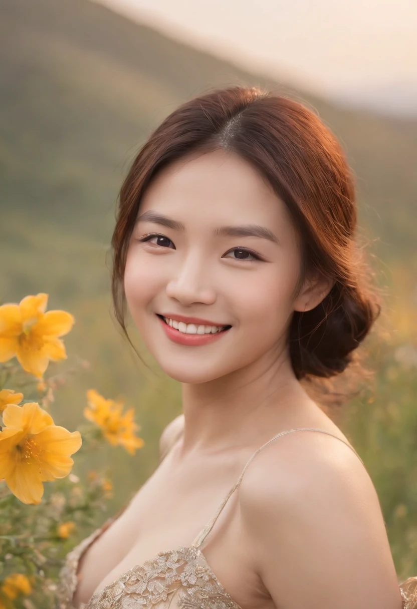Fan Bing-bing in an environment with colorful trees completely naked and smiling