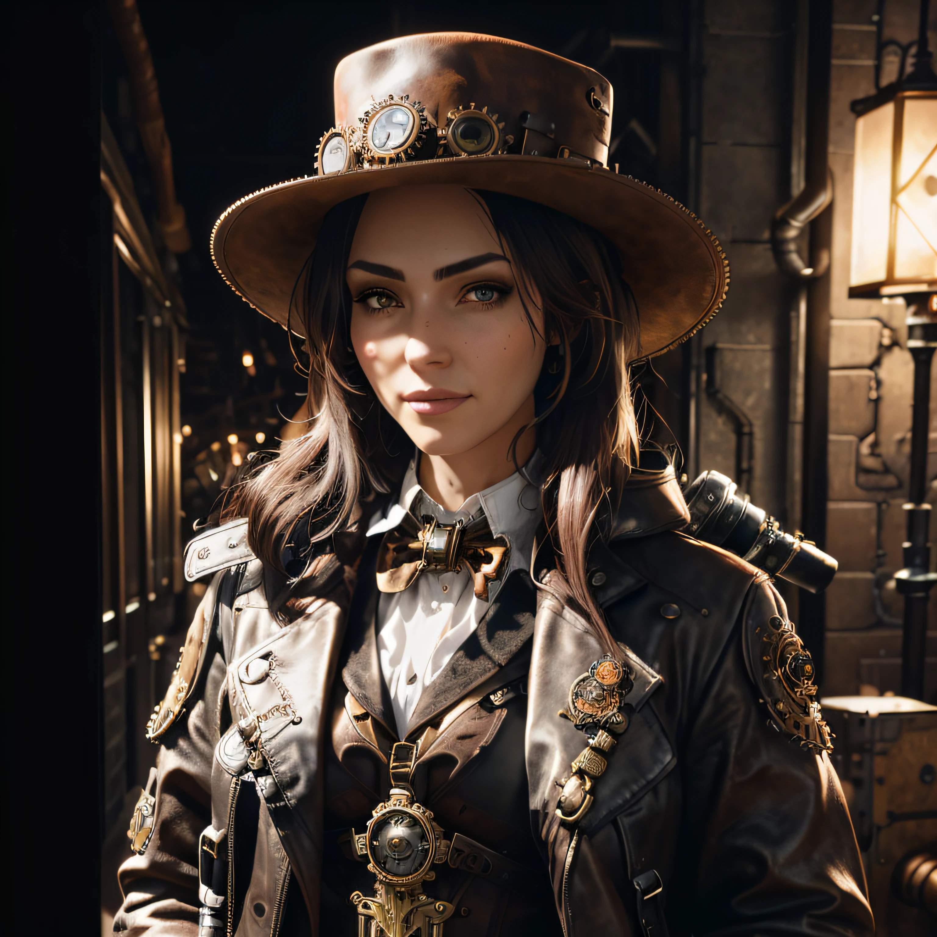 there is a woman wearing a hat and a leather jacket, 30 year girl in steampunk clothes, highly detailed character, closeup portrait of an artificer, 8k portrait render, steampunk fantasy style, wearing steampunk attire, steampunk beautiful anime woman, unreal 5. rpg portrait, 3d rendered steampunk, steampunk aesthetic, steampunk girl, steampunk inventor girl