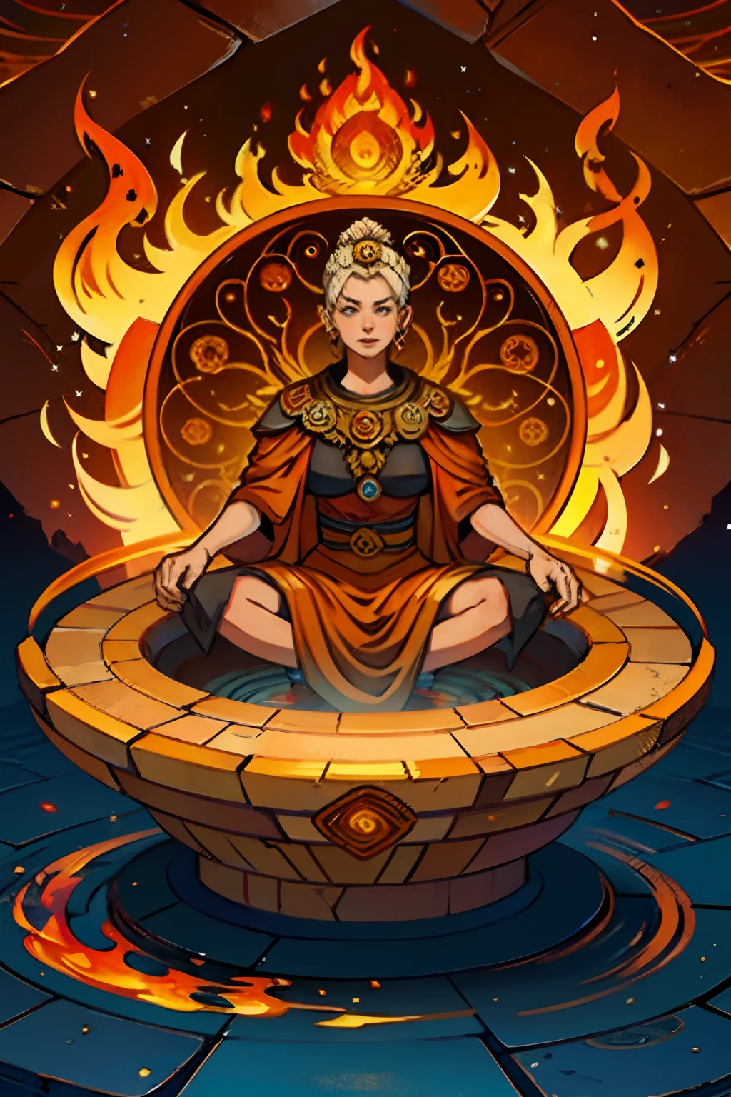 A round ornamental mandala made of fire, flames and a whirlpool of lava, surrounded by stone.