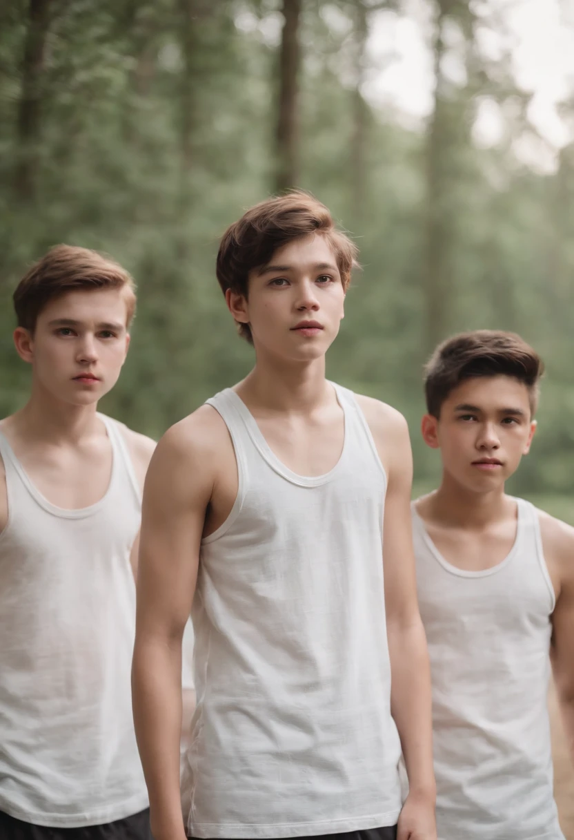 Photo of beautiful young Western agers, and semi naked, in a male-only camp, (semi-nude: 1.6) with (school clothes, shorts: 1.2) and (without underwear: 1.4) and a sports school uniform, in the (men's school camp, showers, men-only camp everywhere, showers and tents: 1.2) (field, forest: 1.2) (indoor tents: 1.2), (School carpet: 1.2), (rich: 1.4), (erotic: 1.2), sensual, lascivious male, seductive, exciting, dominant, fearful, disturbing, perversely sexual, sexy, men only, (romantic: 1.2), be good mood, laughter, atmosphere with luminous background camera f 1 6 lens rich colors realistic texture hyperrealistic spectacular lighting based on a forest with unreal engine, cinestill 800 t eastmancolor, (focus bokeh, Golden hour illumination: 1.2) (UHD 32K color photo: 1.6),(dark studio, edge lighting, two-tone lighting, dim lighting, low key: 1.6; Gay Art
