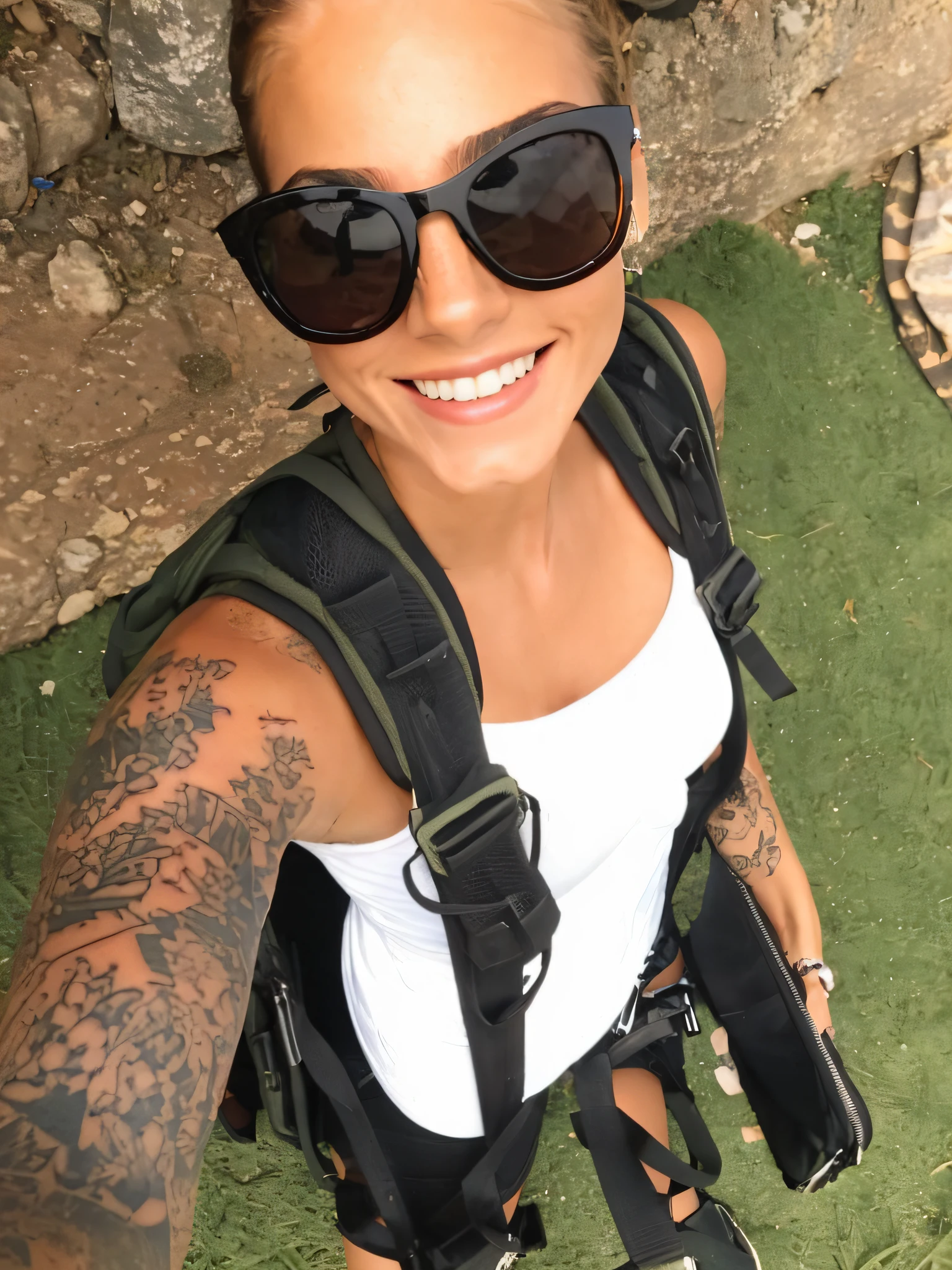 arafed woman with a backpack and sunglasses taking a selfie, profile image, karolina cummings, with tattoos, view from above, jenna barton, brooke ashling, working out in the field, alana fletcher, bikini + tattered military gear, 🤬 🤮 💕 🎀, gorgeous jungle ranger, kimberly asstyn, with a backpack, smiling down from above