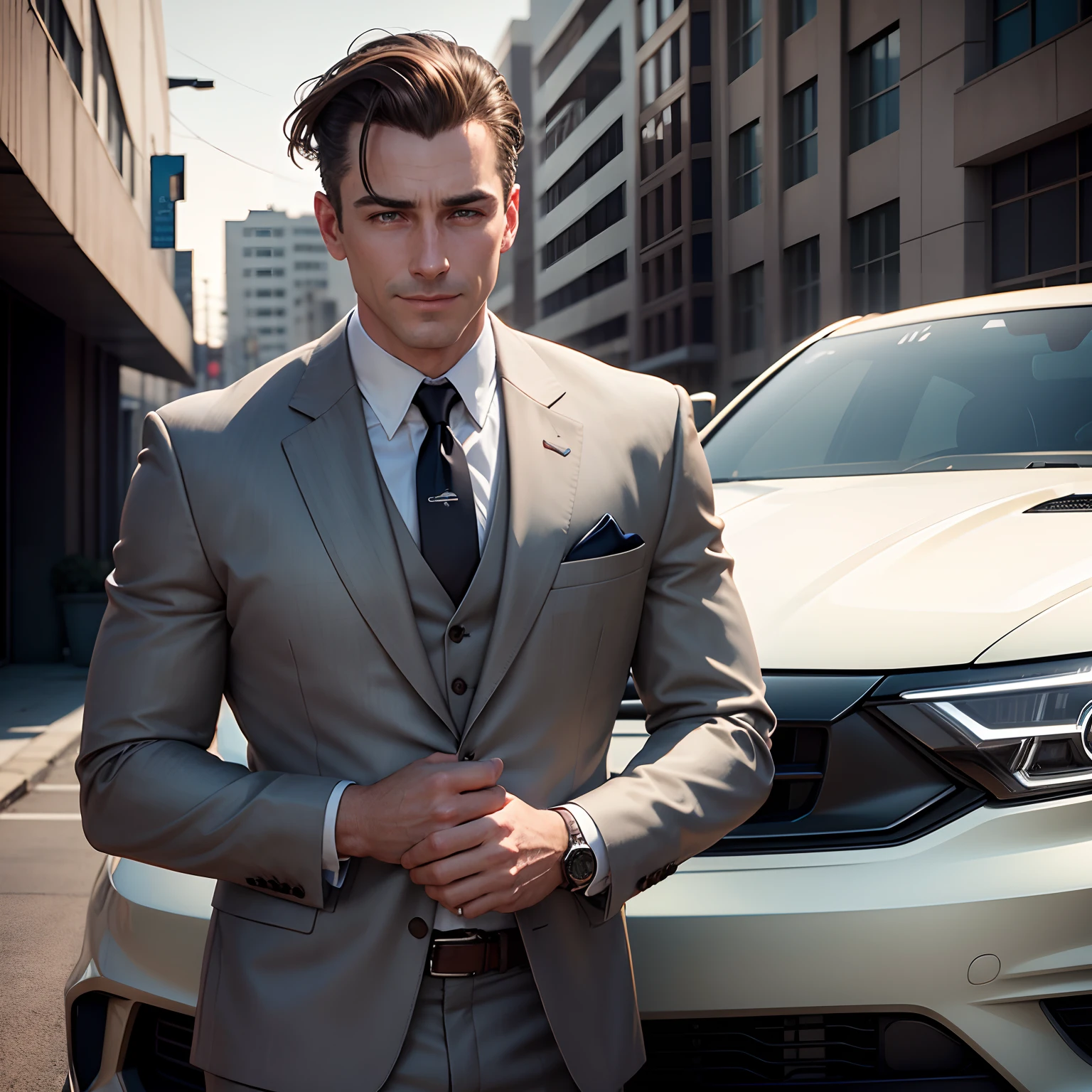 {1man}. Man with slicked-back light brown hair, darkgrey eyes, a wrinkled polyester suit, and is a 35-year-old ex-military used car salesman. He's standing by a car with a smile that doesn't reach his eyes. {High quality}. {Cinematic lighting}. {Realistic}. {Concept art portrait}. {Roguish expression}. {Car dealership background}. Absurdres, hdr, ultra detailed illustration, extremely detailed face, RAW photo, film grain, skin pores, trending on deviantart.