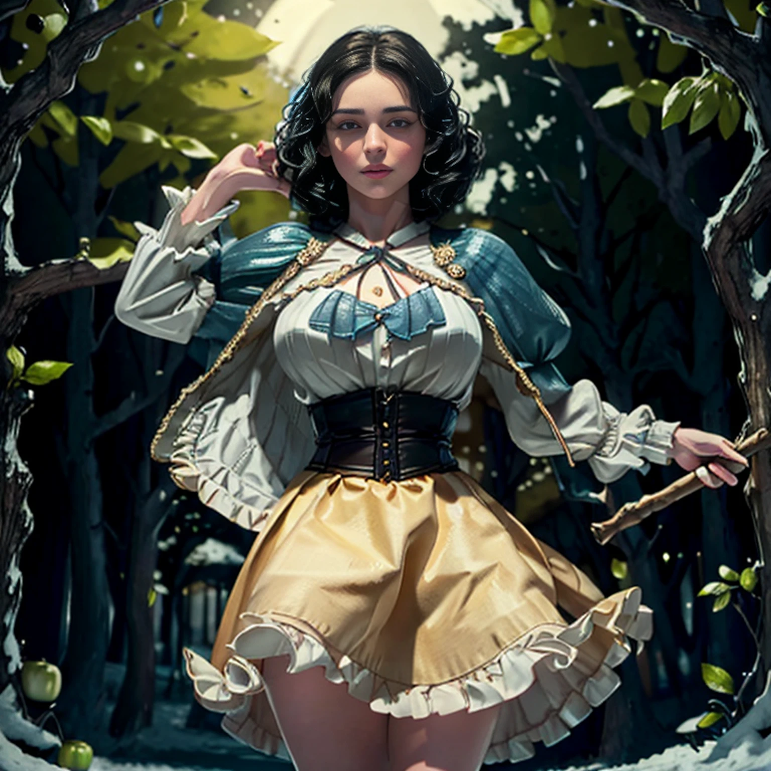 extremely beautiful snow white, subtle makeup, golden hour, photorealistic, high contrast, 8k HD, detailed, hyper-detailed, (curly bob short dark hair), realistic skin texture, large breast, best quality, ultra high res, raw photo, dramatic lighting, unreal engine, diffuse glow, (blue puffy sleeves top:1.1) , yellow skirt:1.1), (grabbing a toxic green poison apple), realistic detailed castle, fair maiden, romance, magic and witches, dark tales