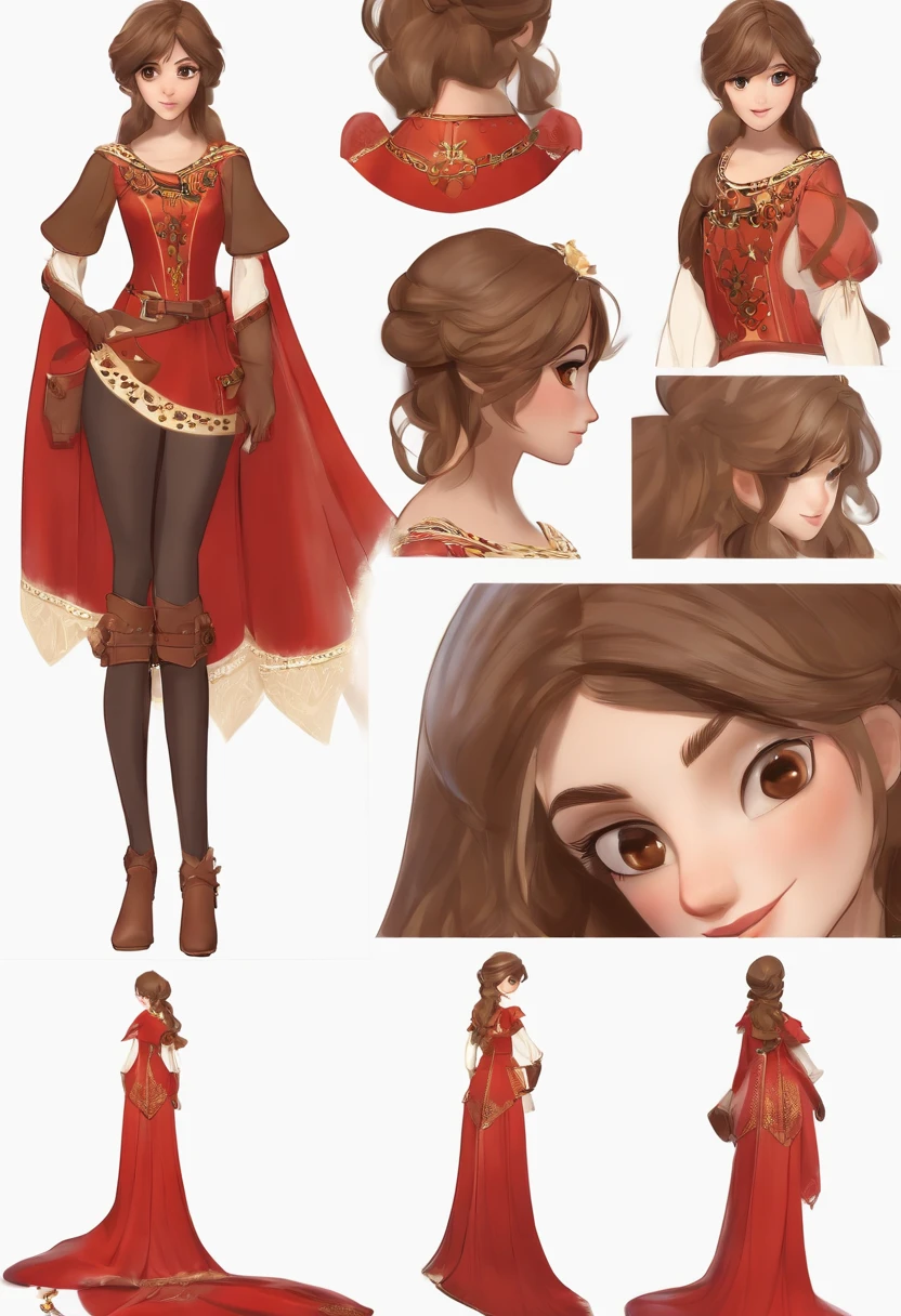 a woman character with long brown hair and bangs, golden eyes and wearing a red medieval dress and brown boots, different angles, in the style of Miraculous Ladybug, character sheet, white background --ar 3:2, character poses