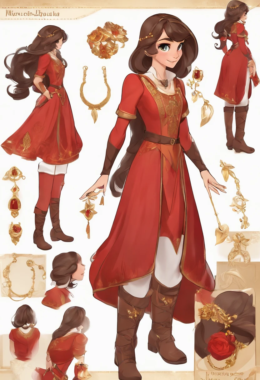 a woman character with long brown hair and bangs, golden eyes and wearing a red medieval dress and brown boots, different angles, in the style of Miraculous Ladybug, character sheet, white background --ar 3:2, character poses