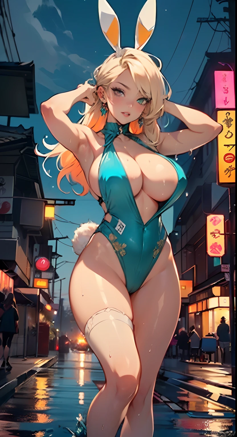 cute bunny girl,(((1girl))),((bunny girl with extremely cute and beautiful blonde hair)),(((bunny girl,anthro furry cute,bunny-girl))),(((bunny ears,bunny ears on head,big bunny ears))),
(large breasts:1.4),saggy breasts,(((blonde hair:1.35,colored inner hair,ear breathing,long hair))),(((heterochromia:1.5,eye1 green,eye2 orange))),intricate eyes,beautiful detailed eyes,symmetrical eyes,((fat)),(((lustrous skin:1.5,bright skin: 1.5,skin tanned,shiny skin,very shiny skin,shiny body,plastic glitter skin,exaggerated shiny skin,illuminated skin,wet legs))),(spider lower abdomen,narrow waist,wide hip,athletic body,inflated legs,delicate detailed fingers,detailed body,human hands,(detailed face)),
cute,slutty,seductive,erotic,(((nsfw))),
(((slingshot swimsuit))),(((huge cleavage))),((wet clothes,intricate outfit,intricate clothes)),
(dynamic pose:1.0),solo focus,embarrassed,(centered,scale to fit dimensions,Rule of thirds),
cyberpunk city by the ocean at night, with bright neon signs and dark stormy clouds and puddles, scenery:1.25,
highres, sharp focus, (ultra detailed, extremely detailed), (photorealistic artwork:1.37),(extremely detailed CG unity 8k wallpaper),((synthwave background theme)),(((vibrant colors))),(intricate background),(masterpiece),(best quality),