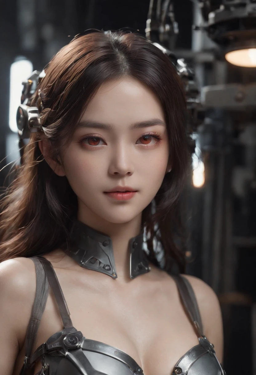 (1 Mechanical Girl)、top-quality、masterpiece、超A high resolution、(Photorealsitic:1.4)、Raw photo、1人、Black hair、glowy skin、(((1 Mechanical Girl)))、(Small LED lamp)、((super realistic details))、portlate、globalillumination、Shadow、octan render、8K、ultrasharp、Colossal tits、Raw skin is exposed in cleavage、metals、Details of complex ornaments、Japan details、highly intricate detail、Realistic light、CGSoation Trends、Red Eyes、radiant eyes、Facing the camera、neon details、(Mechanical limbs)、(blood vessels connected to tubes)、Mechanical vertebrae attached to the back、mechanical cervical attaching to neck、sitting on、(Wires and cables connecting to the head)、Gundam、Small LED lamp、
