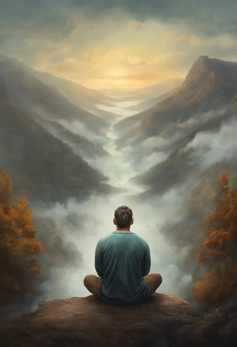 homem maduro, sitting in a meditation position, diante de um orisonte lindo, com o sol se pondo, in connection with the divine, Foto retrato, Directed by: Drew Tucker, Directed by: Adam Marczyński, Directed by: Alexandre Kucharsky, Directed by: Gavin Nolan, Surrealismo 8K, Directed by: Jason Felix, Yuri Shwedoff e Tom Bagshaw, arte ilustrativa, Estilo Erik Johansson