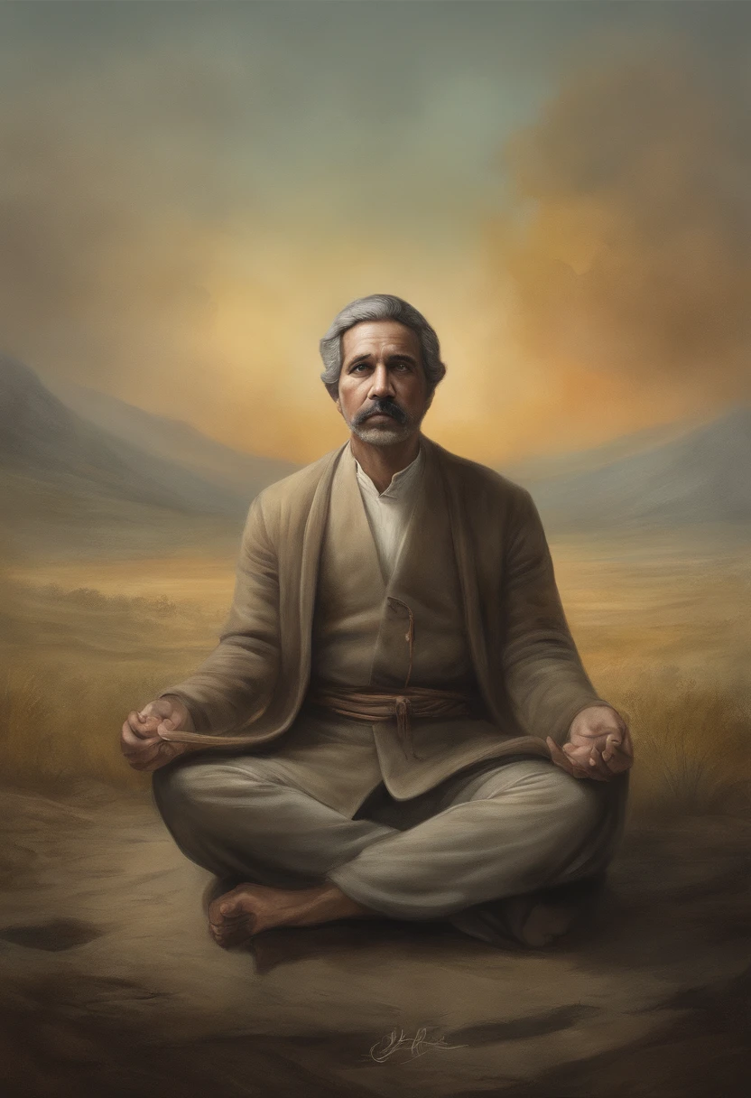 homem maduro, sitting in a meditation position, diante de um orisonte lindo, com o sol se pondo, in connection with the divine, Foto retrato, Directed by: Drew Tucker, Directed by: Adam Marczyński, Directed by: Alexandre Kucharsky, Directed by: Gavin Nolan, Surrealismo 8K, Directed by: Jason Felix, Yuri Shwedoff e Tom Bagshaw, arte ilustrativa, Estilo Erik Johansson