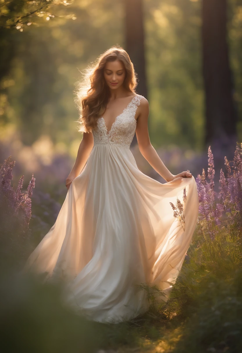 Beautiful girl full body dress silk dress delicate and beautiful，the detail，realisticlying，Ultra Realistic Photo，8k UHD，digital SLR camera，The sun shines in the forest ，high high quality，filmgrain，Wildflowers are beautiful，The morning sun overlaps，Beautiful