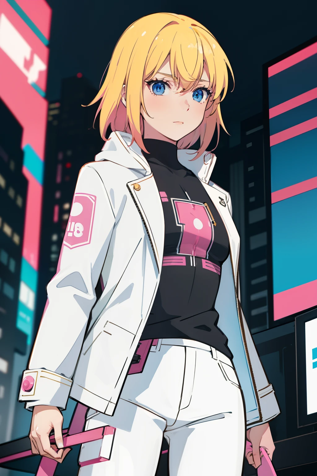 solo, 1girl, (masterpiece), (( appearance)), Blonde hair, Medium hair, blue eyes, anime girl, medium breasts, White jacket with pink details and a black shirt, White pants, cyberpunk city, nigth