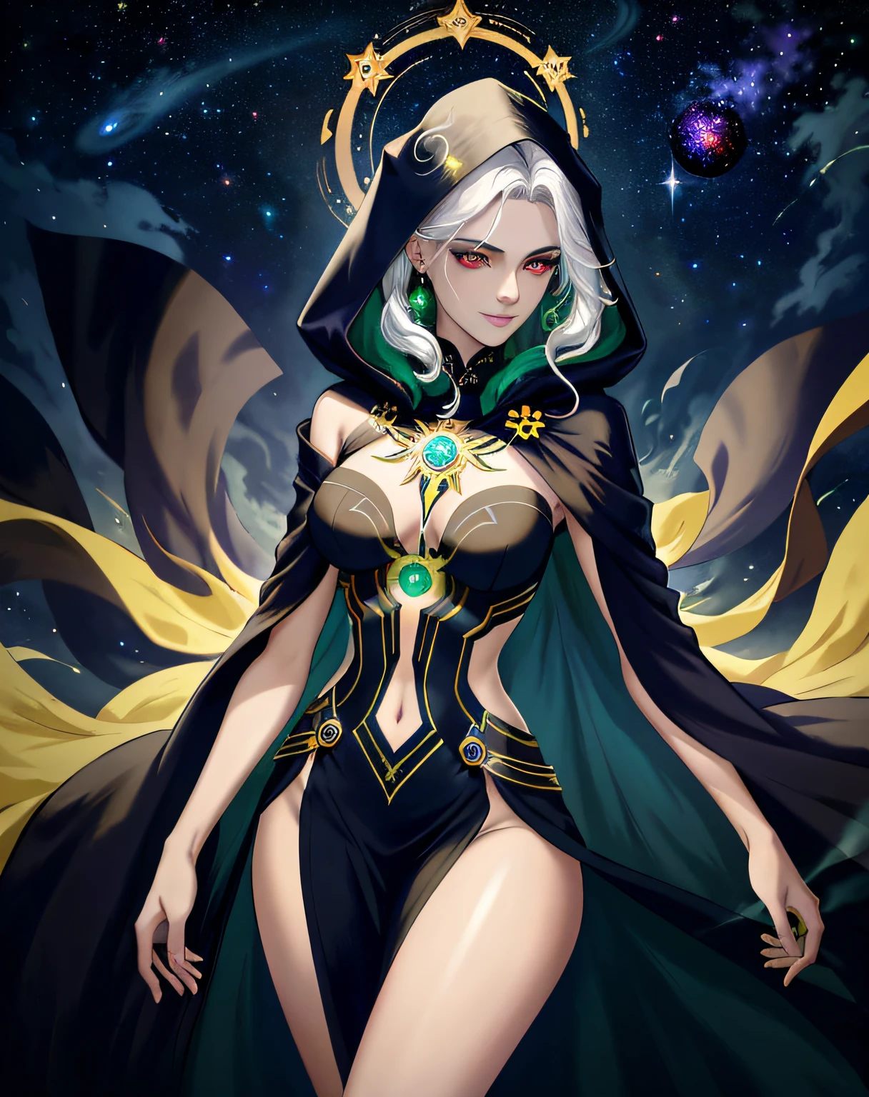 extremely detailed, hyper detailed, (PERFECT FACE), ((detailed eyes)) illustration, low lighting, 2d, intricate, detailed eyes, ????, toned, (outside), White hair, red eyes. Surrounded by yellow, black and green nebulae, stars, sidereal winds and planets. ((extremely realistic shadows, masterpiece, extremely detailed, photorealistic)). A beautiful female goddess, from her hair and hands emerges the fog and darkness that covers the cosmos. (1 woman) (20 years old) attractive but intimidating, black and green Greek tunic, hood and cloak, dark skin, short curly hair, very beautiful, elegant but intimidating smile, optimal height, tight clothing, graceful body; long legs, intimidating and beautiful face, cool and calm type of face with a cold smile.