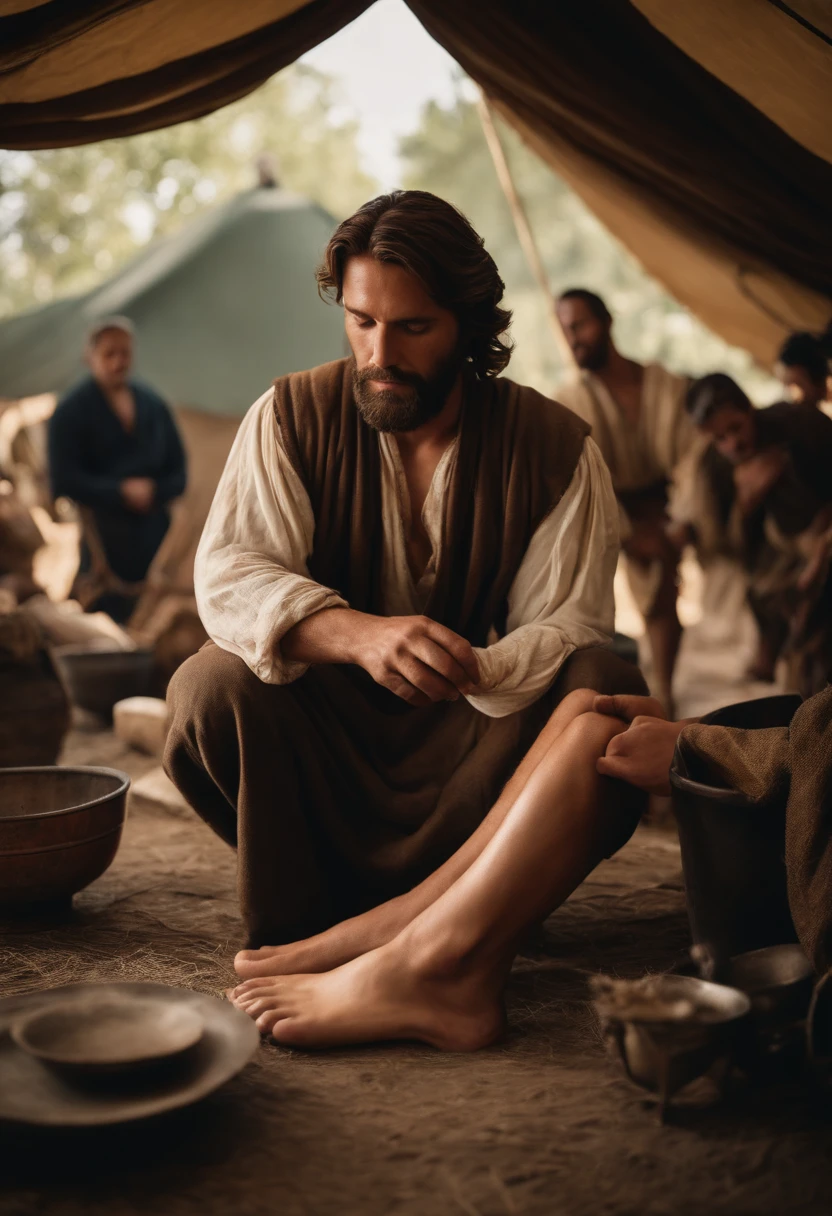 a beautiful man, Christ, washing a disciple's foot in a tent. period costumes, realistic in cinematic warfare