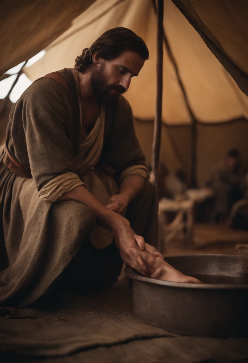a beautiful man, Christ, washing a disciple's foot in a tent. period costumes, realistic in cinematic warfare