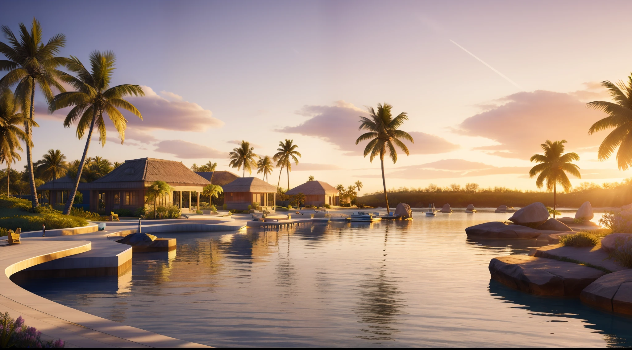 A paradise island, golden hour, masterpiece, HDR, UHD, 64K, highly detailed, professional photography, trending on artstation, unreal engine, vivid colors, high resolution scanning