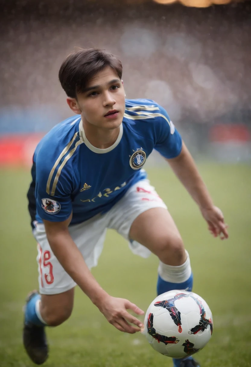 realista, boy, blue hair ,quadra de futebol,Camisas de manga curta,shorter pants,Soccer thin waist,long whitish hairGood facial features,Melon Seed Face , homem --auto