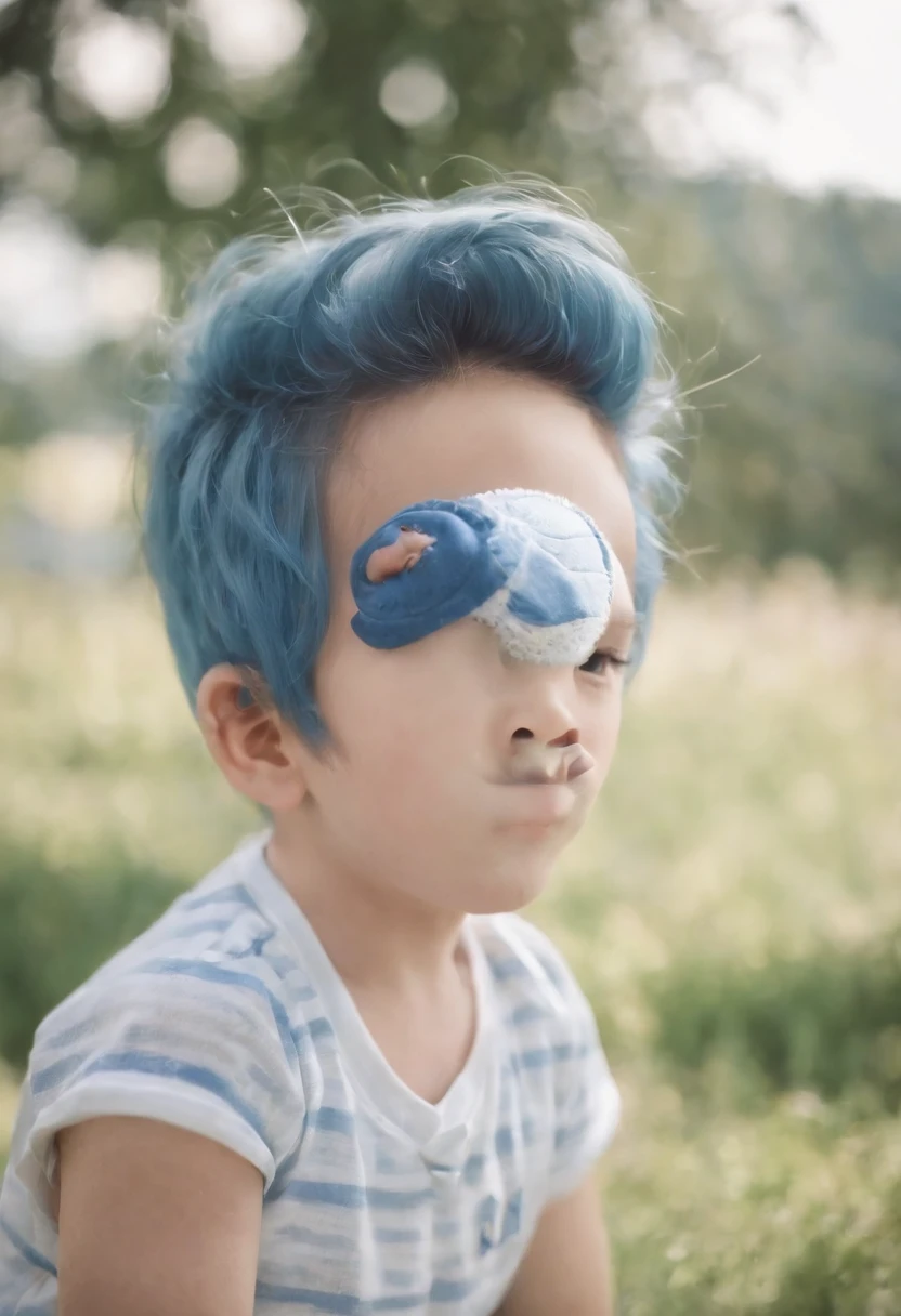 realista， boy, blue hair ,quadra de futebol，Camisas de manga curta，shorter pants，Soccer  thin waist，long whitish hairGood facial features，Melon Seed Face , homem --auto