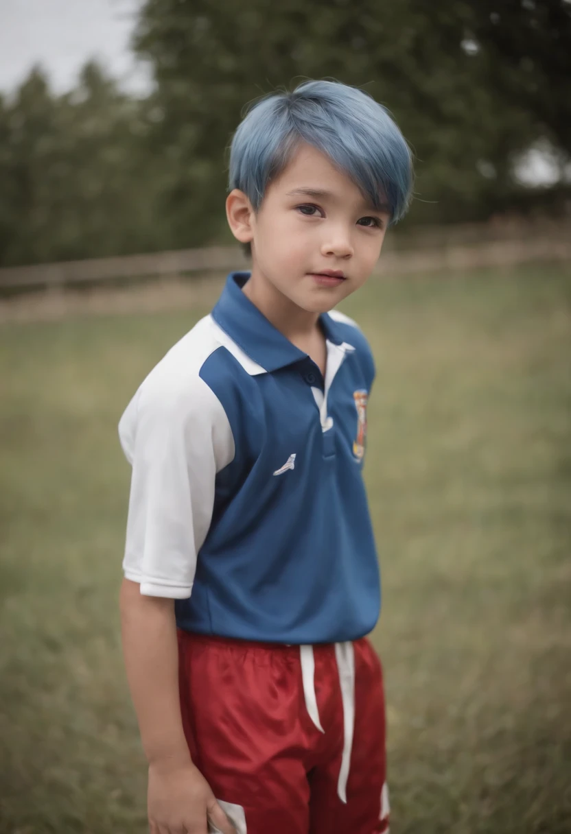 realista, boy, blue hair ,quadra de futebol,Camisas de manga curta,shorter pants,Soccer thin waist,long whitish hairGood facial features,Melon Seed Face , homem --auto