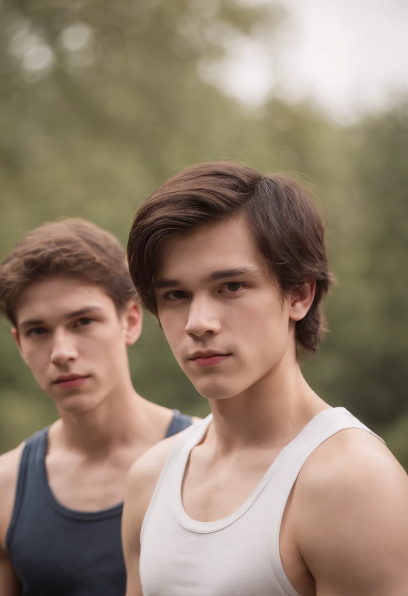 Three 15 years old guys, wearing singlets, white skin