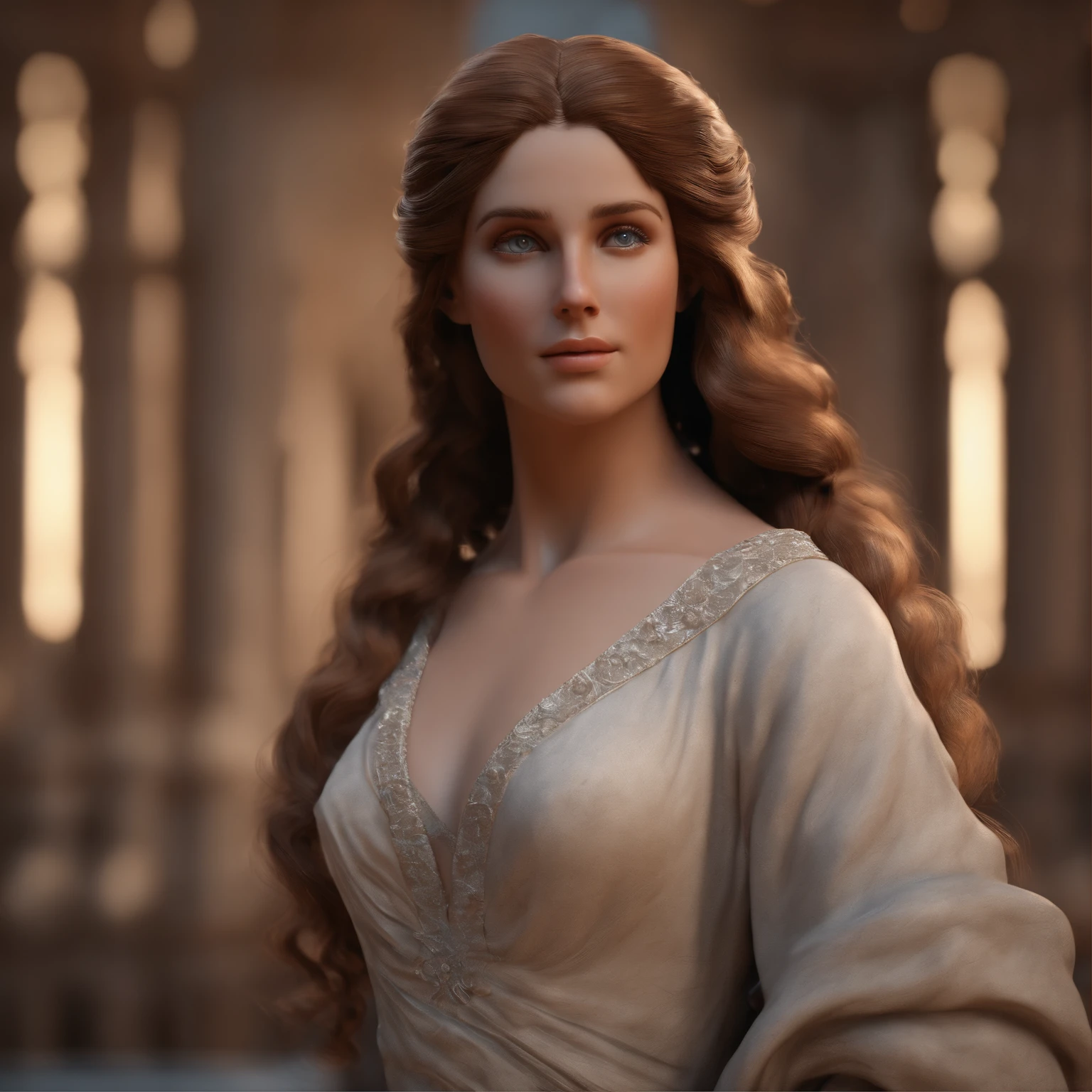 antique marble stone sculpture, standing full-length, [beautiful girl] , beautiful eyes, cute face, very feminine, ((brushing long hair)) , dressed in a tunic, in the style of the artist Gian Lorenzo Bernini, 3d render, octane render, unreal engine, blender, cinema 4d